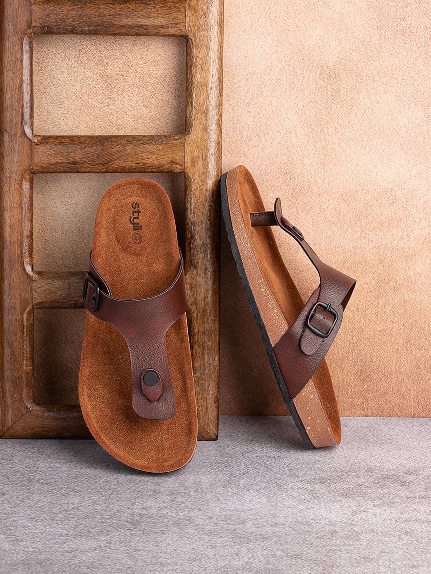 mens brown y strap thick sole casual sandals synthetic