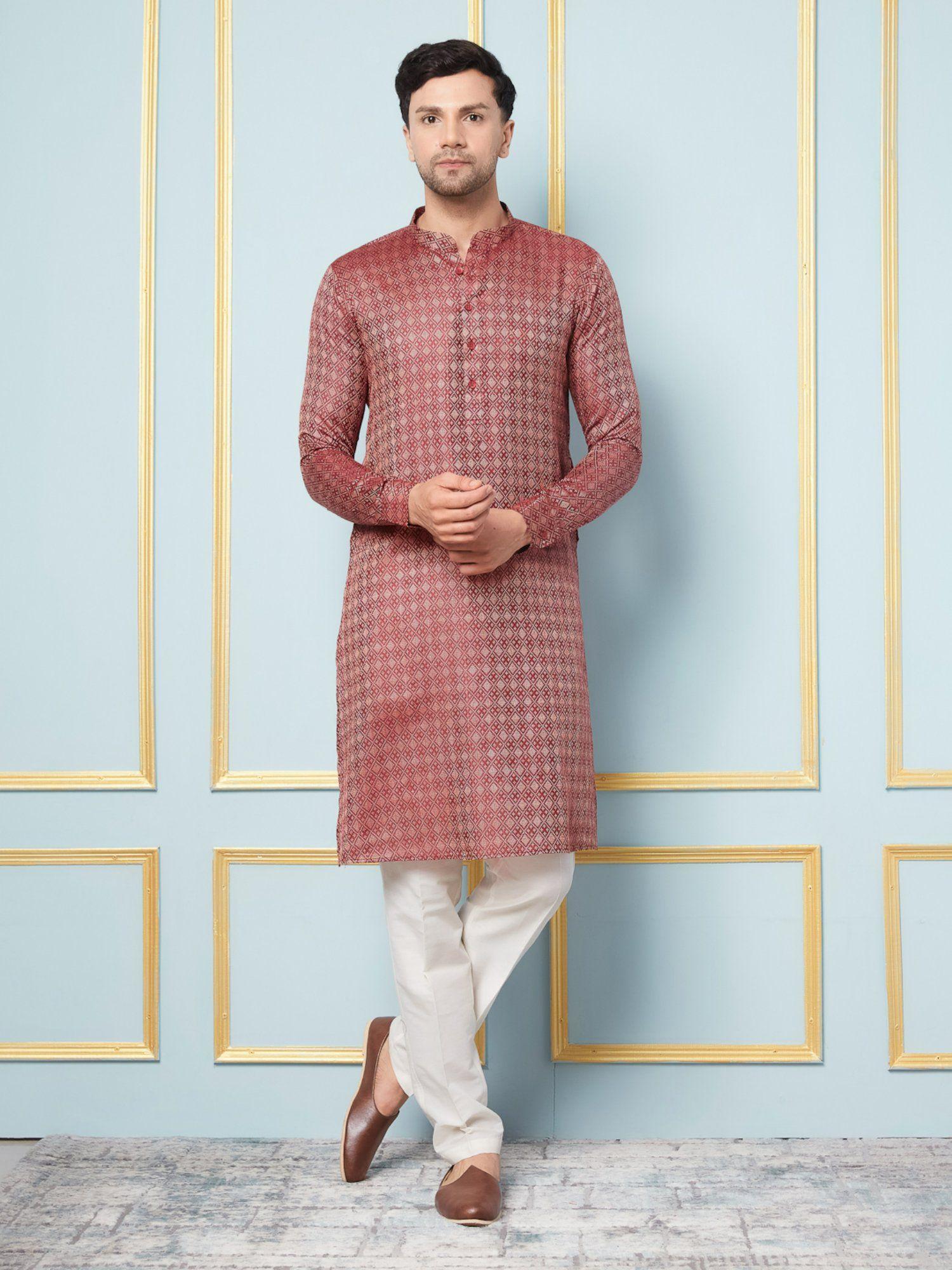 mens burgundy & gold woven design thread work kurta with pyjama (set of 2)