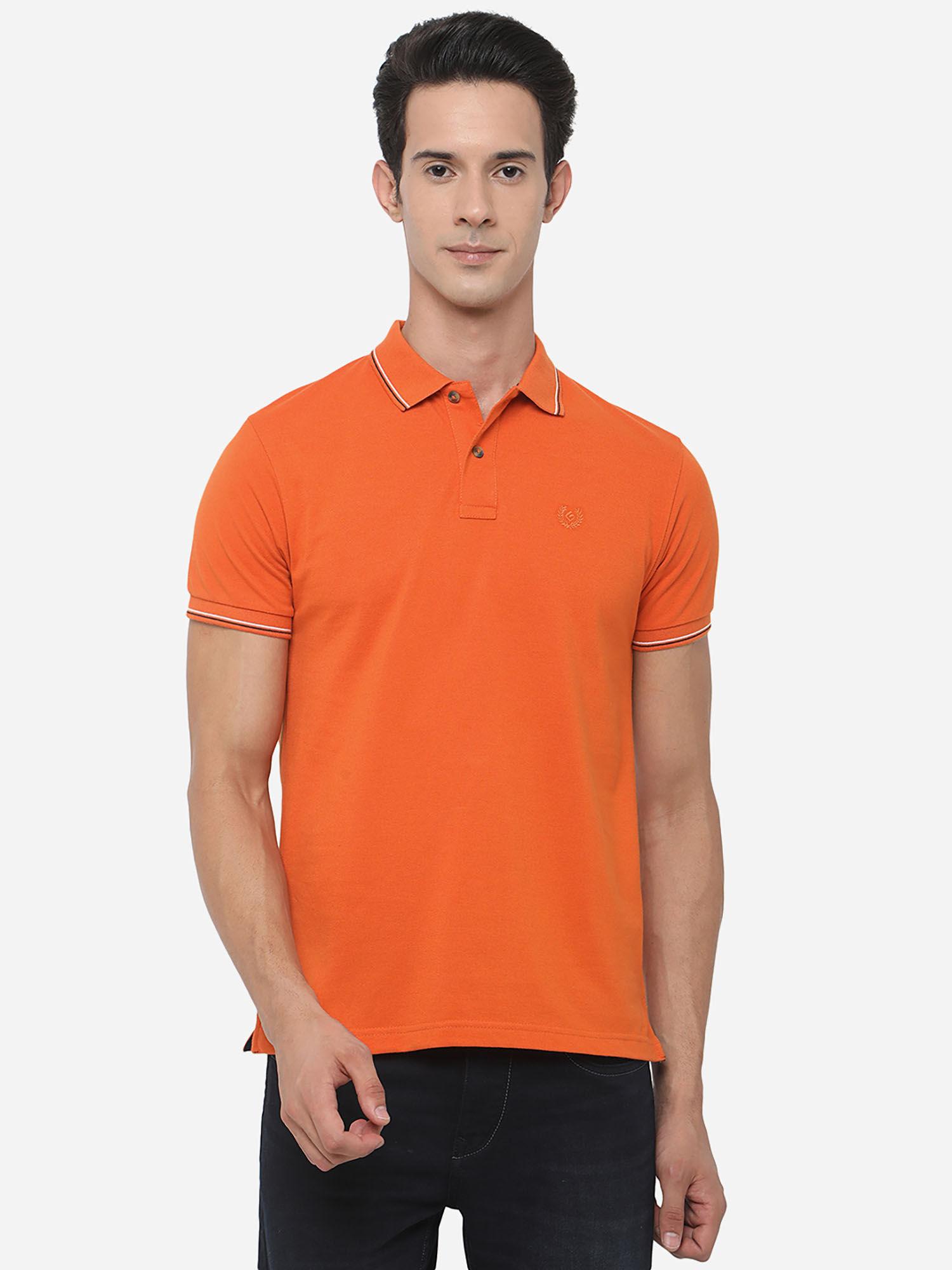 mens burnt orange cotton blend slim fit solid polo t-shirt