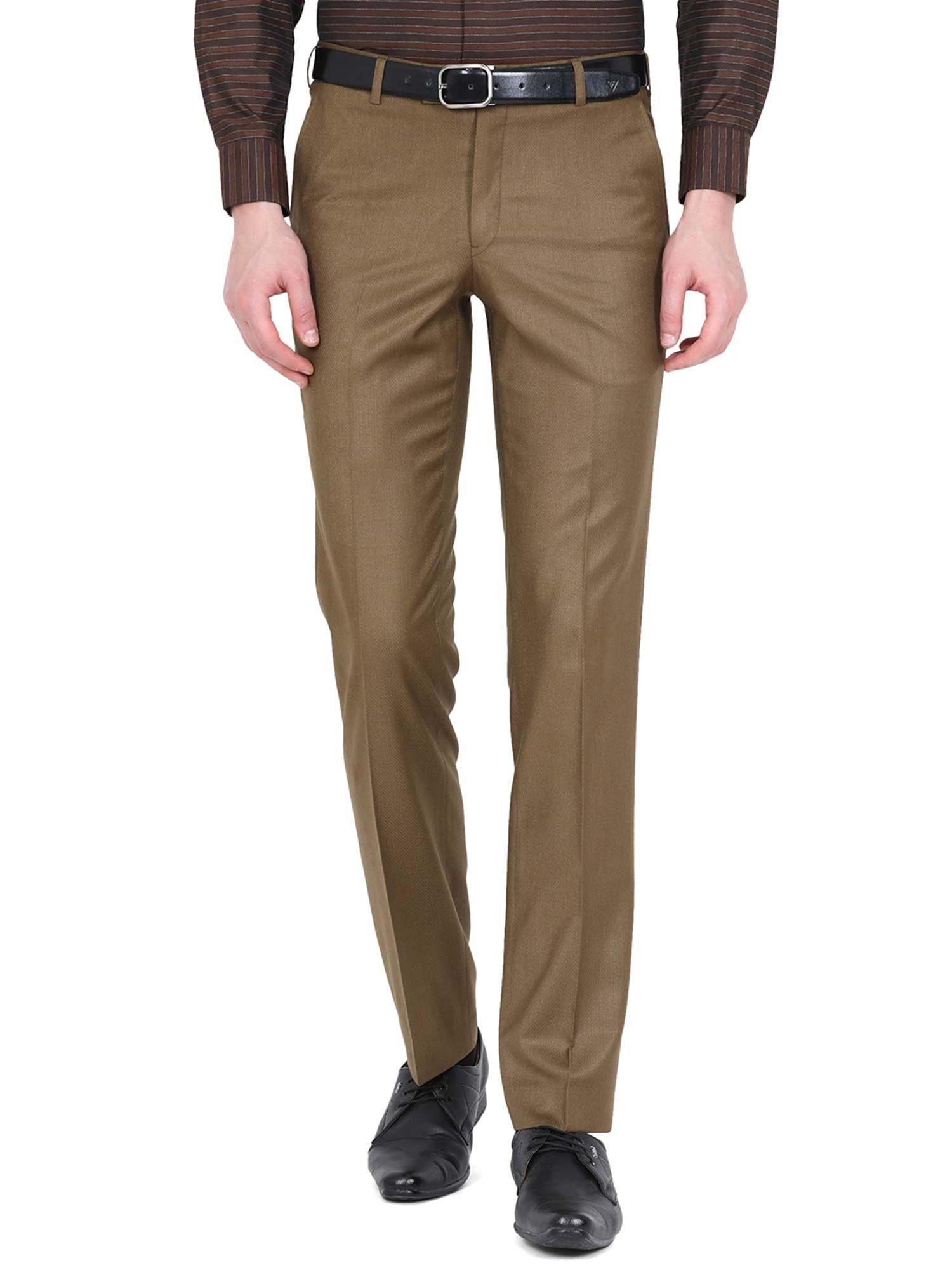 mens camel brown terry rayon slim fit solid formal trouser