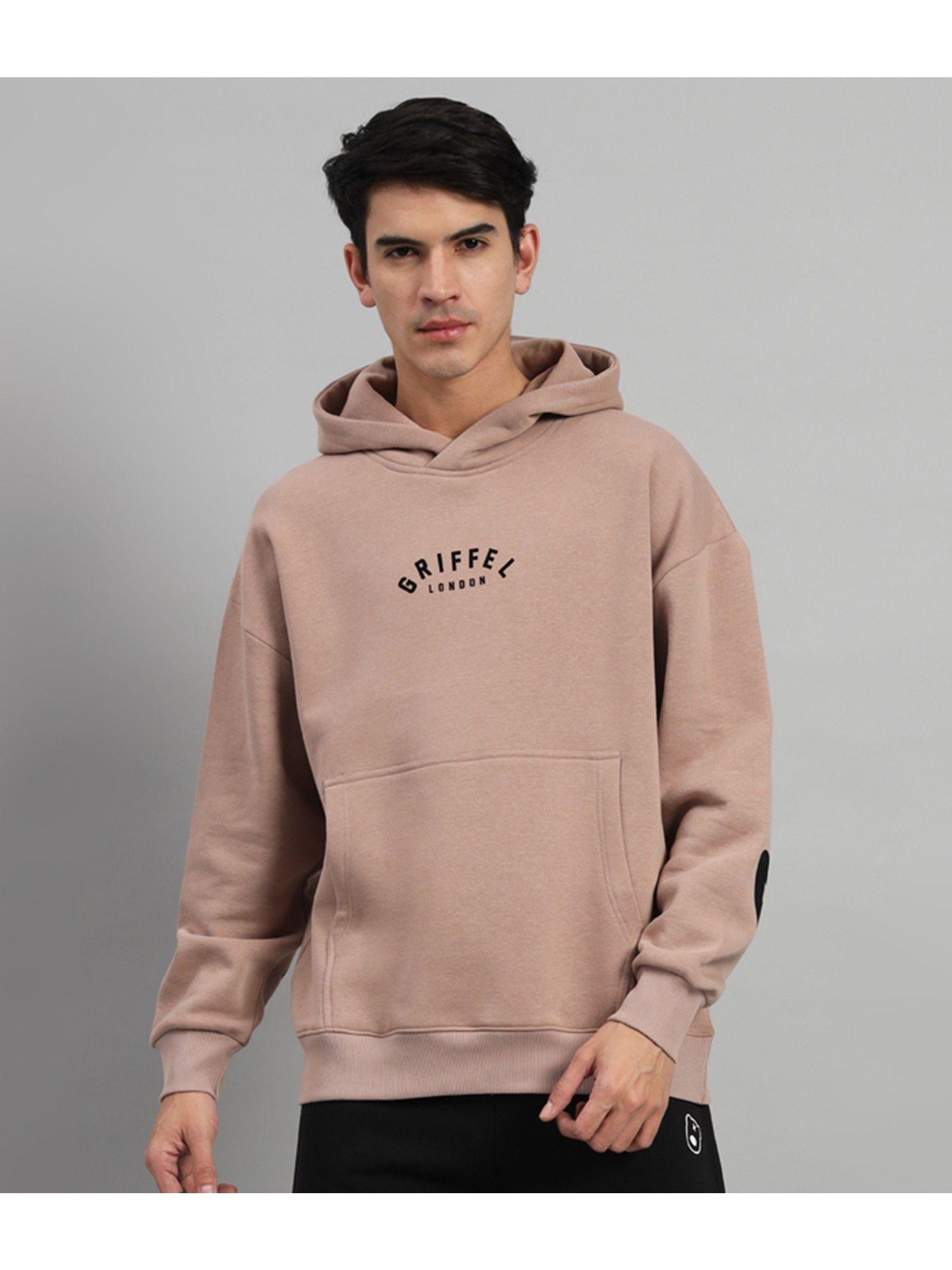 mens camel front logo back full print oversized fleece hoodie sweatshirt