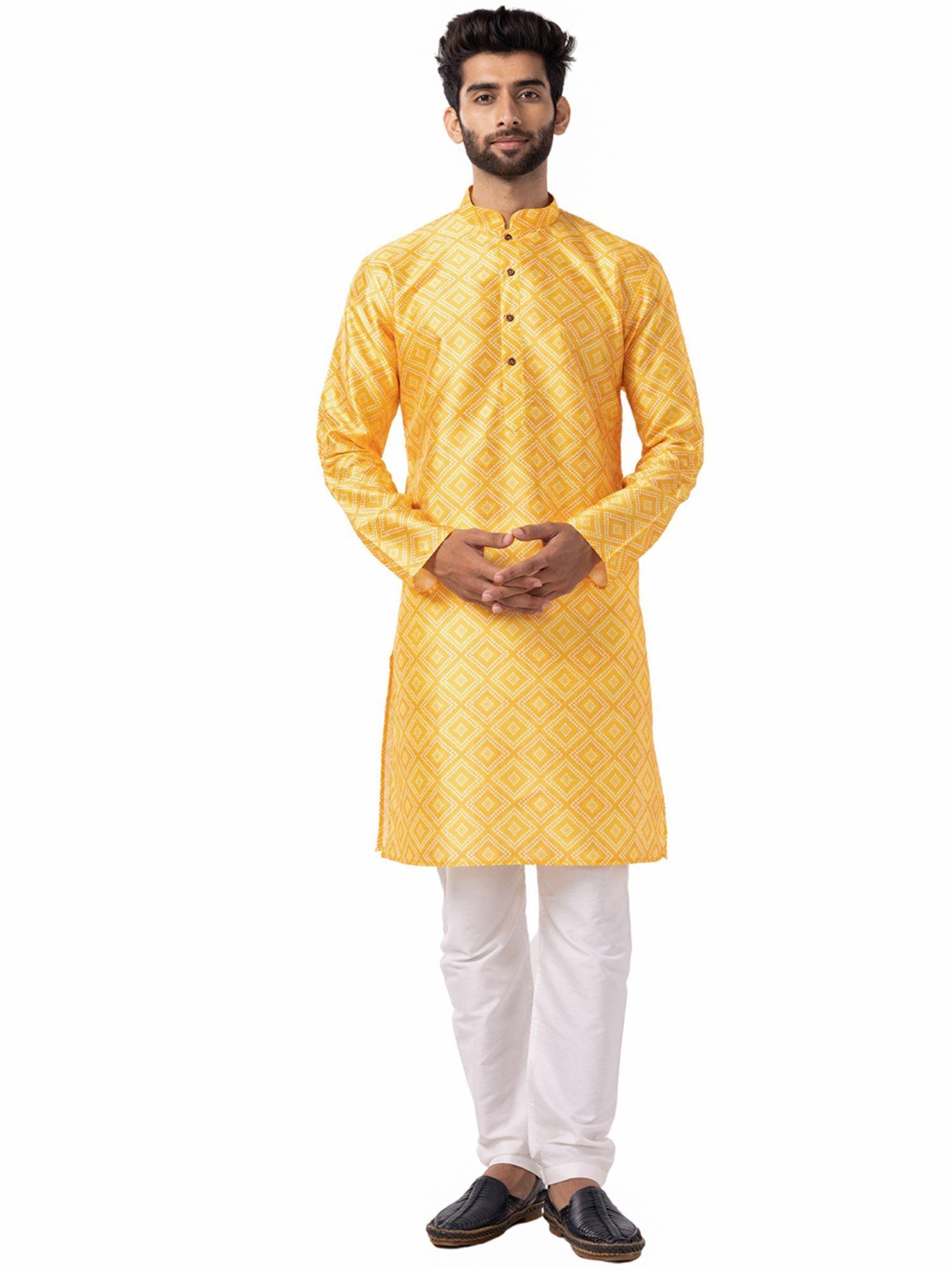 mens canary yellow & cream silk blend comfort fit printed kurta