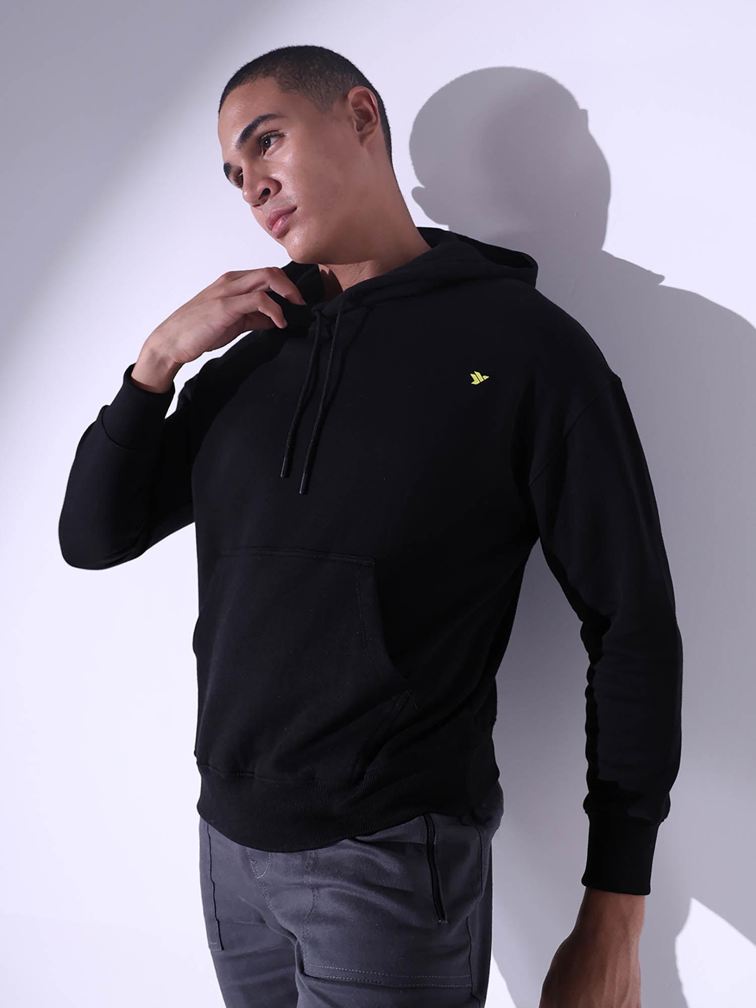 mens casual cotton long sleeves printed black hoodie