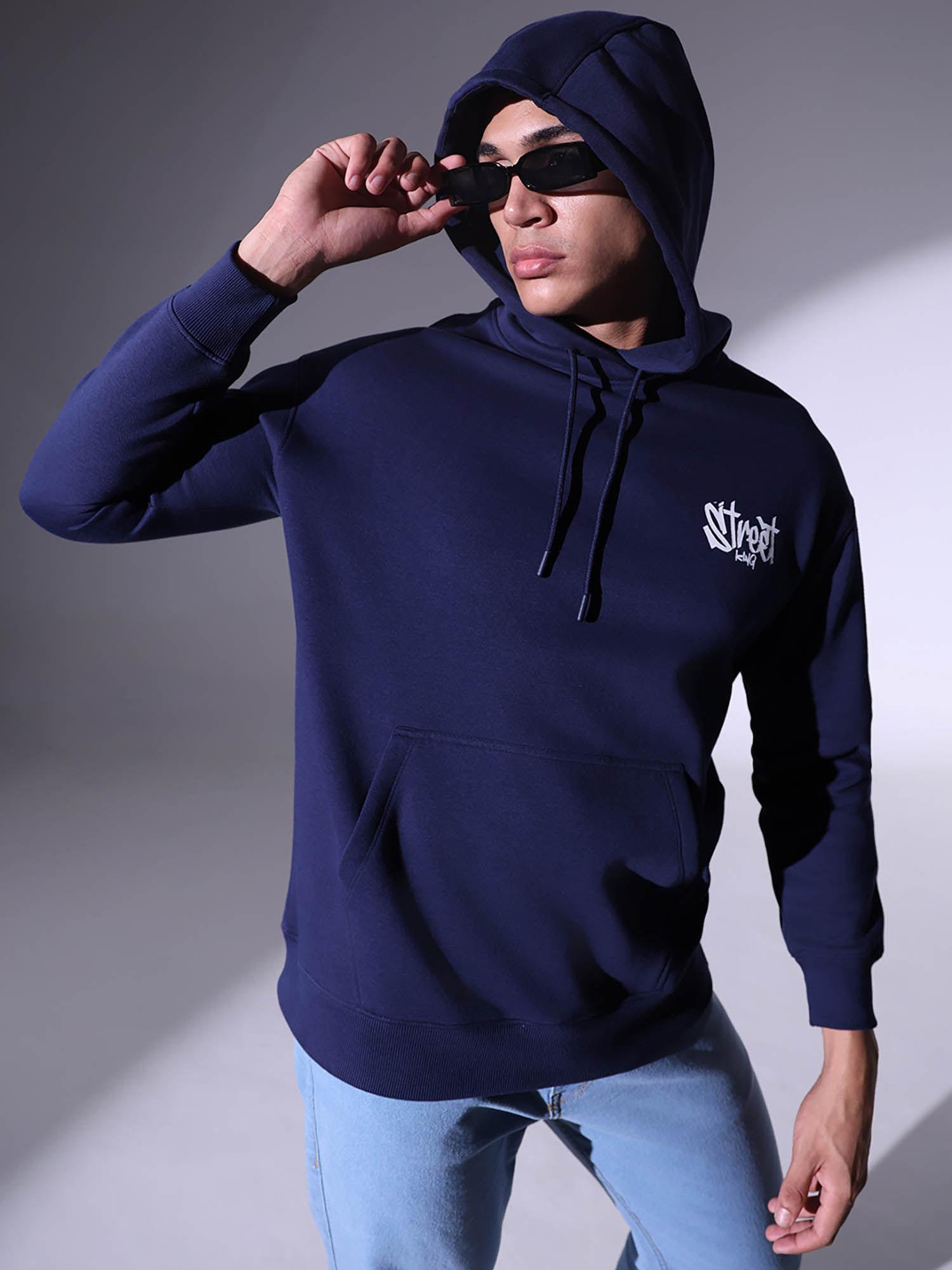 mens casual cotton long sleeves printed blue hoodie