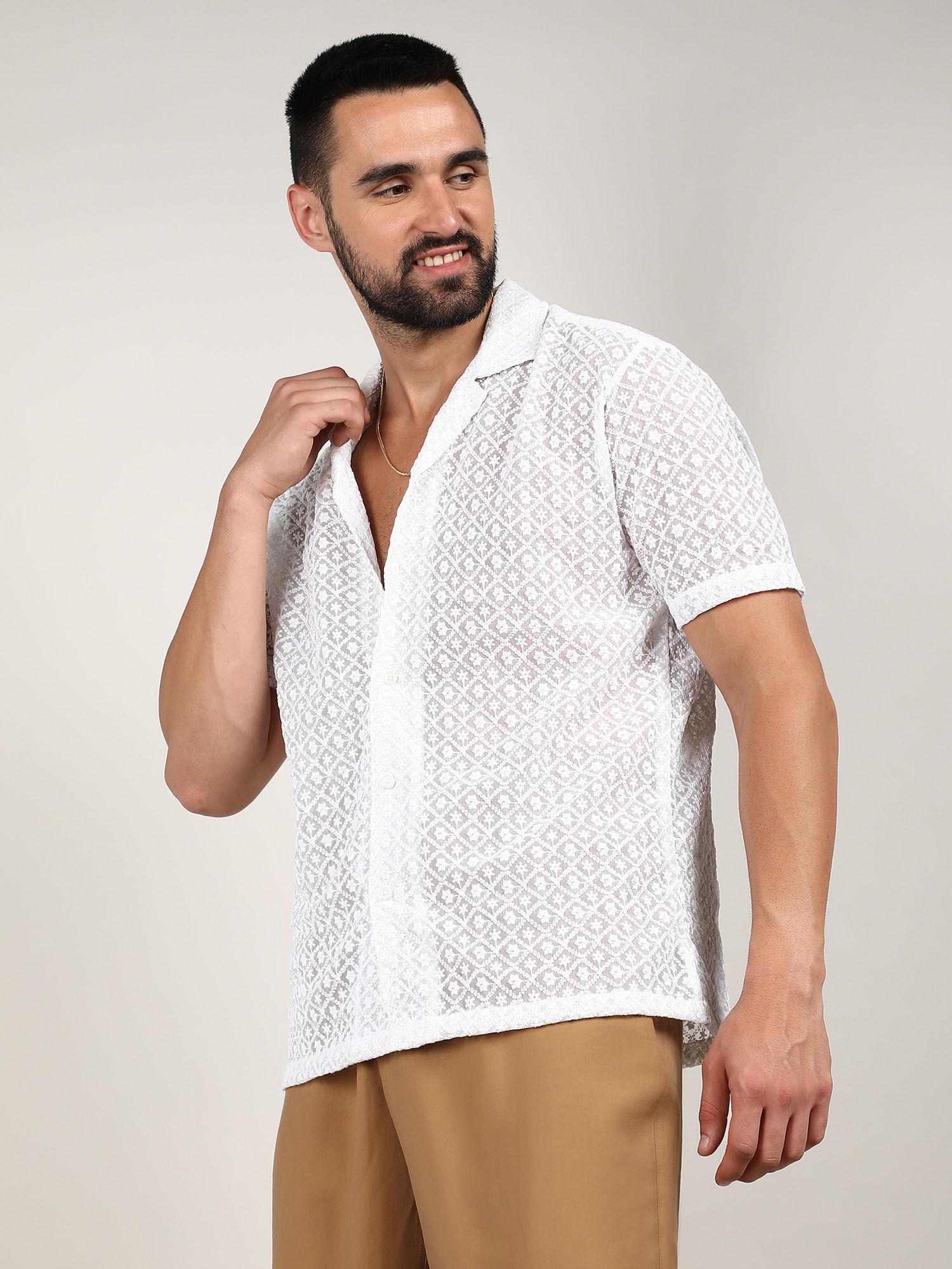 mens chalk white floral embroidered shirt