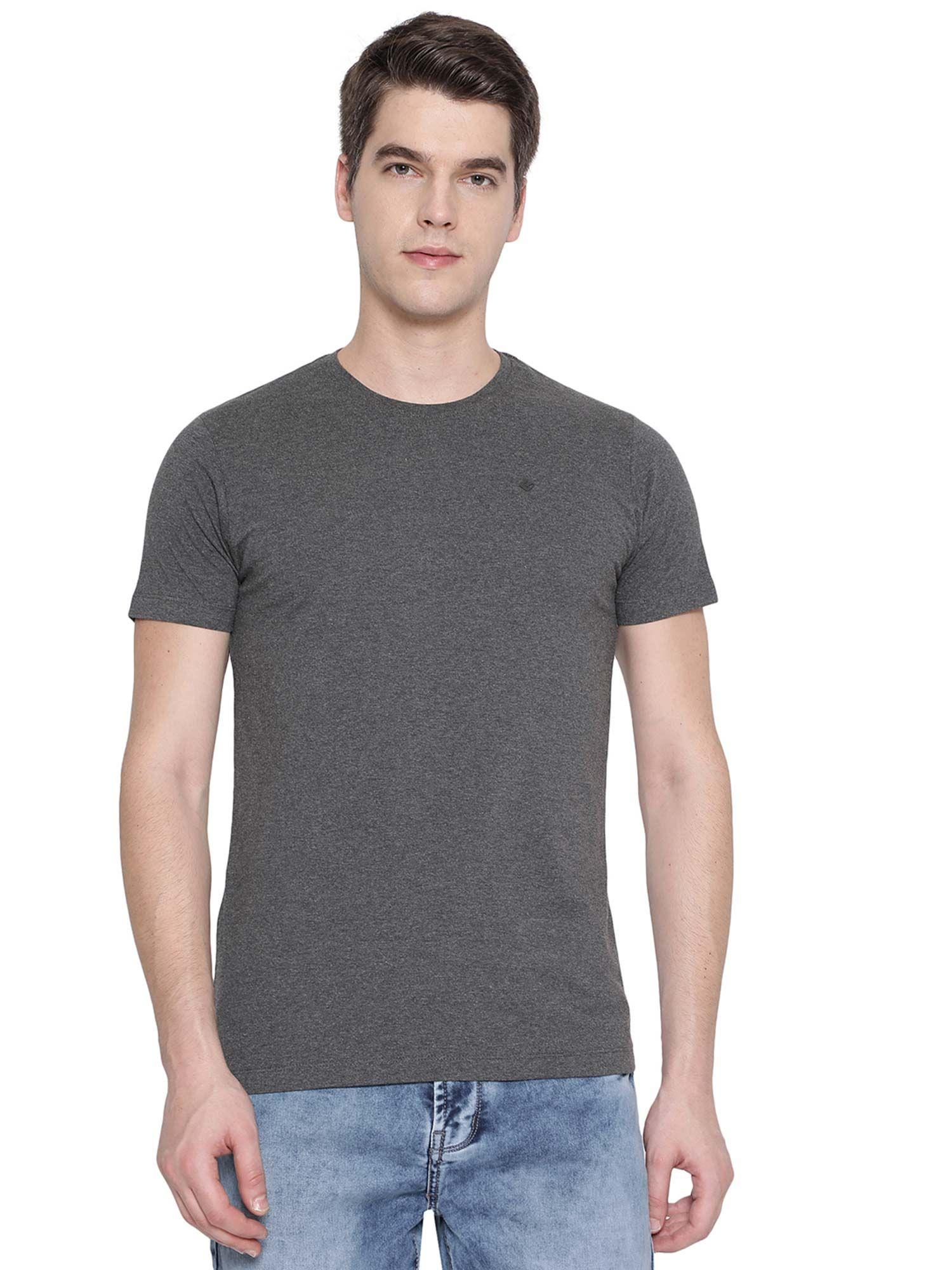mens charcoal grey cotton blend slim fit solid t-shirt