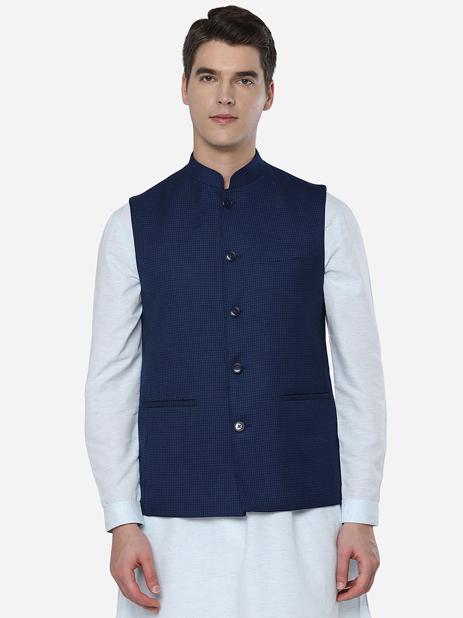 mens checked blue & black poly wool regular fit modi jacket