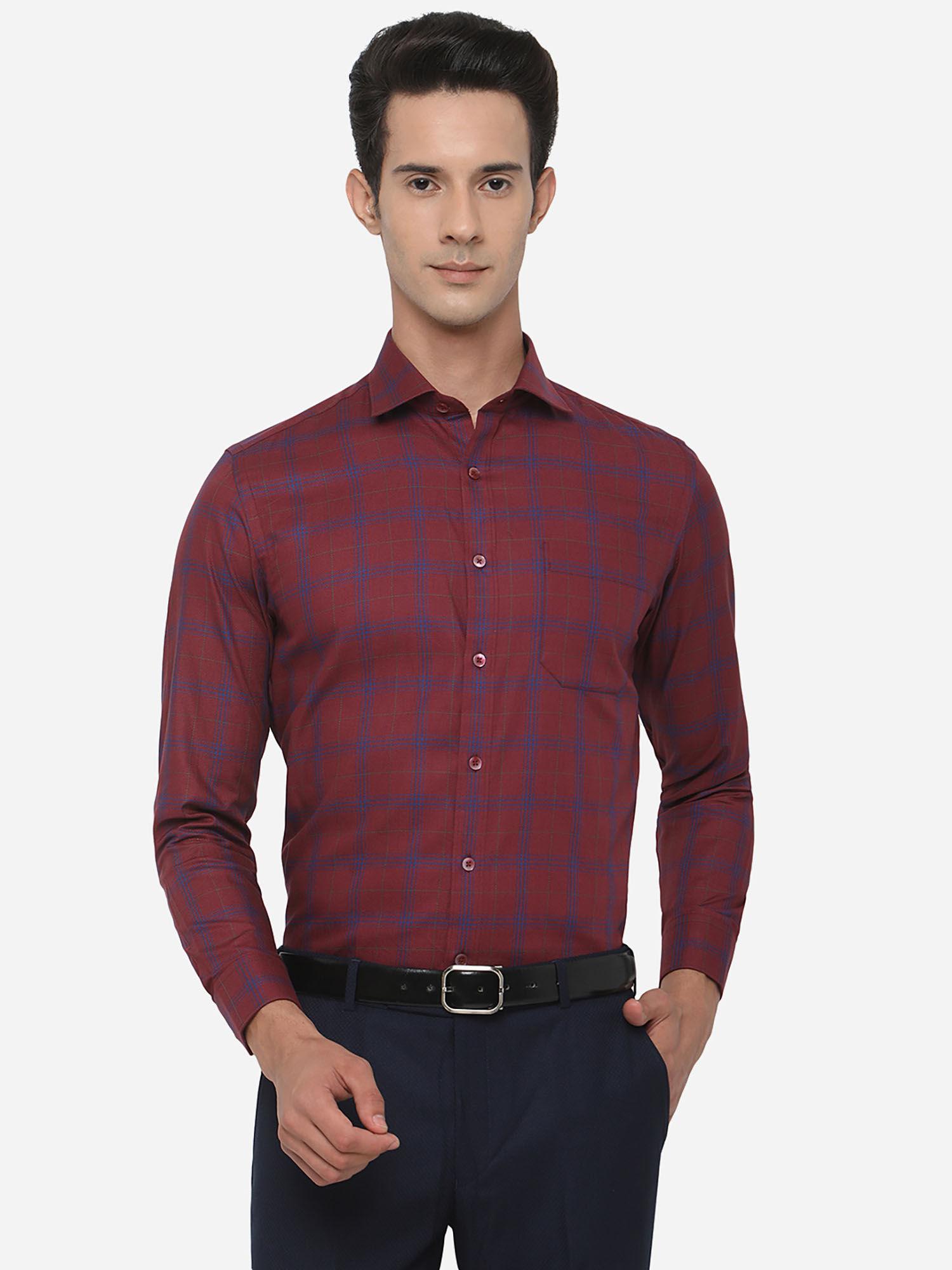 mens checked maroon & blue cotton slim fit formal shirt