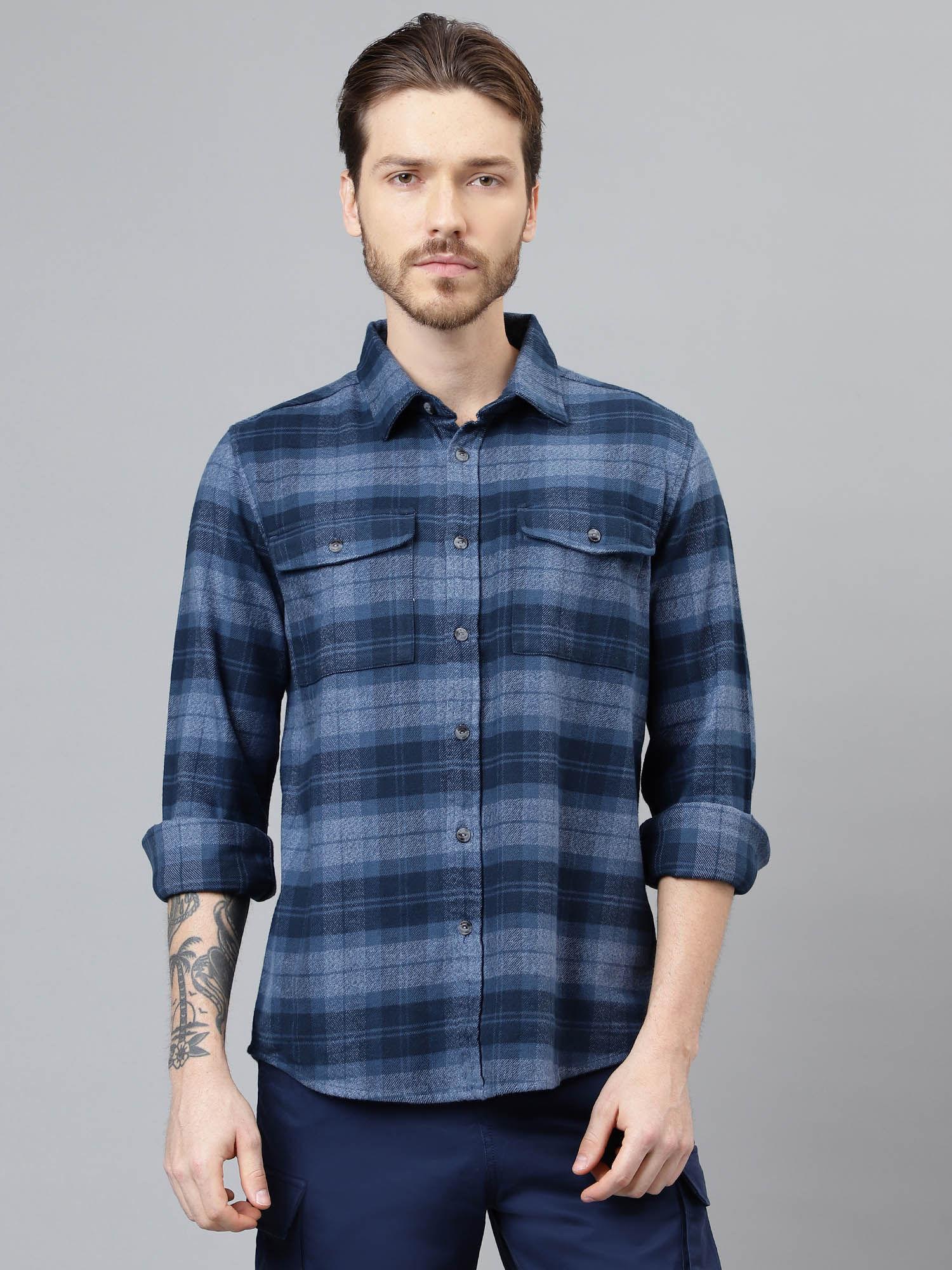 mens checks full sleeves blue casual shirt