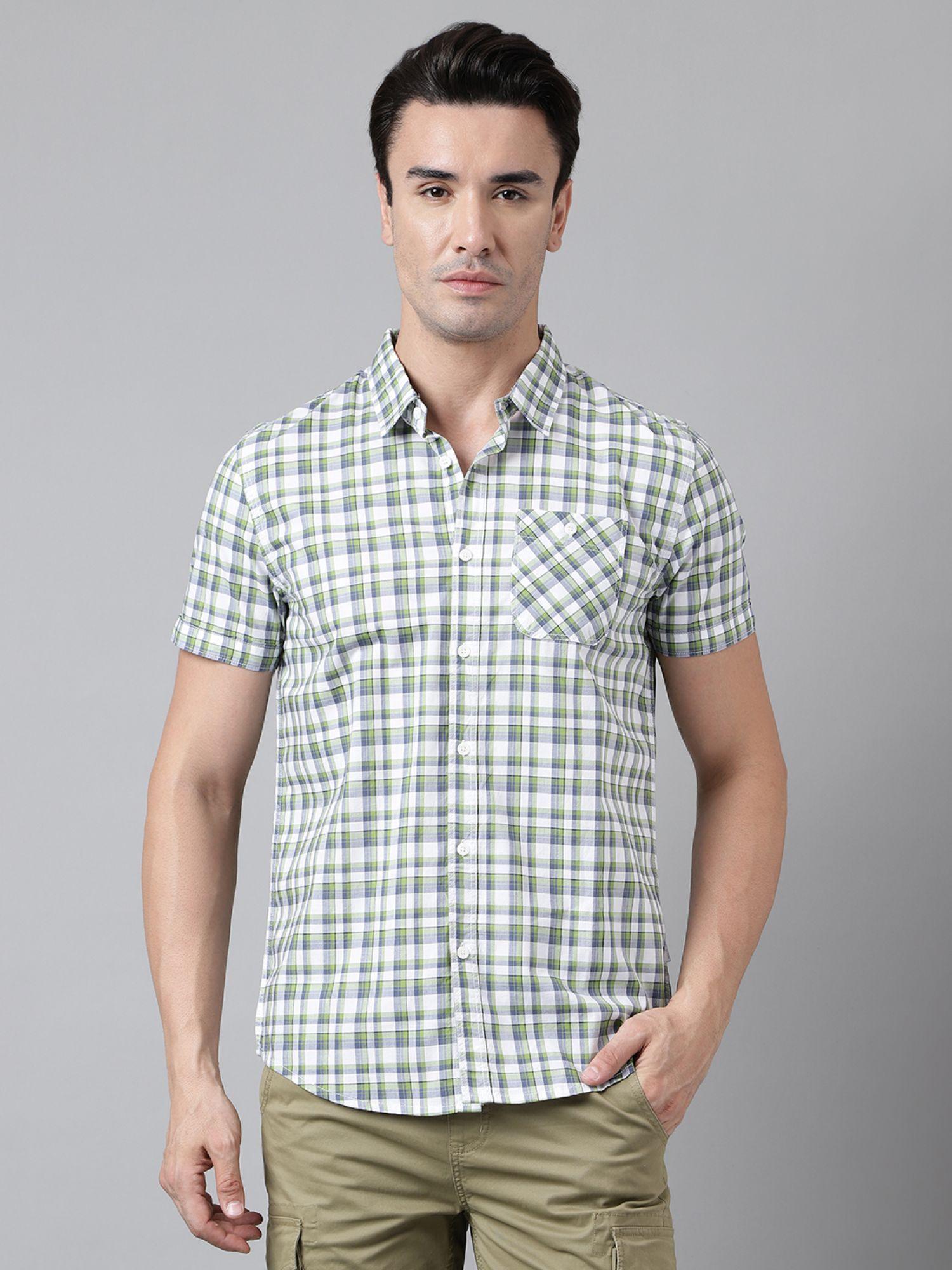 mens checks half sleeves green casual shirt