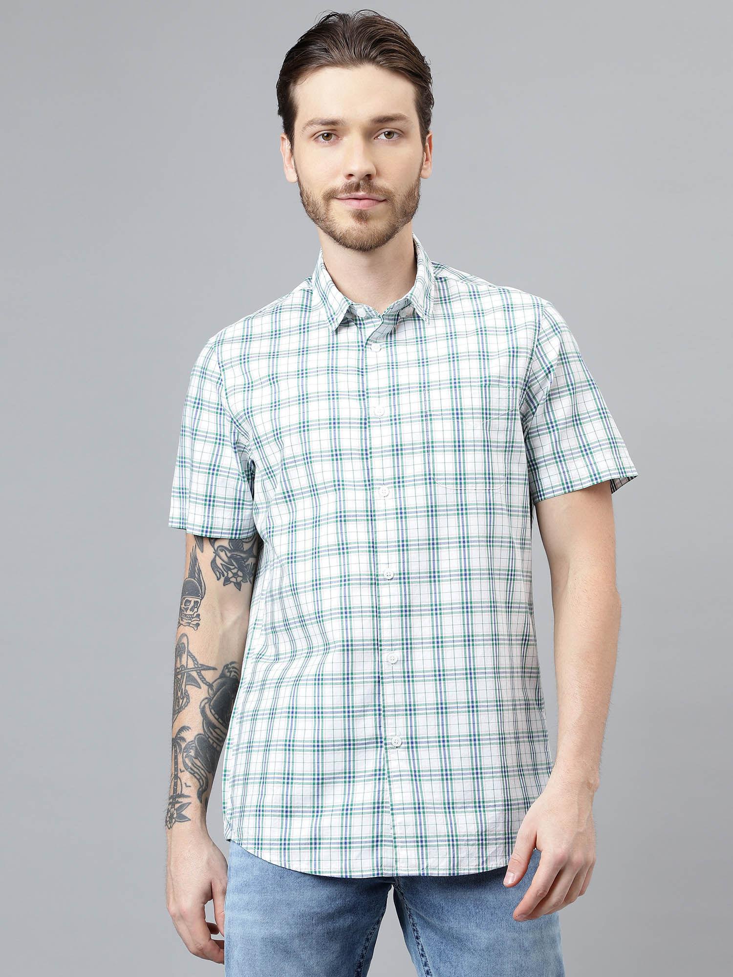 mens checks half sleeves green casual shirt