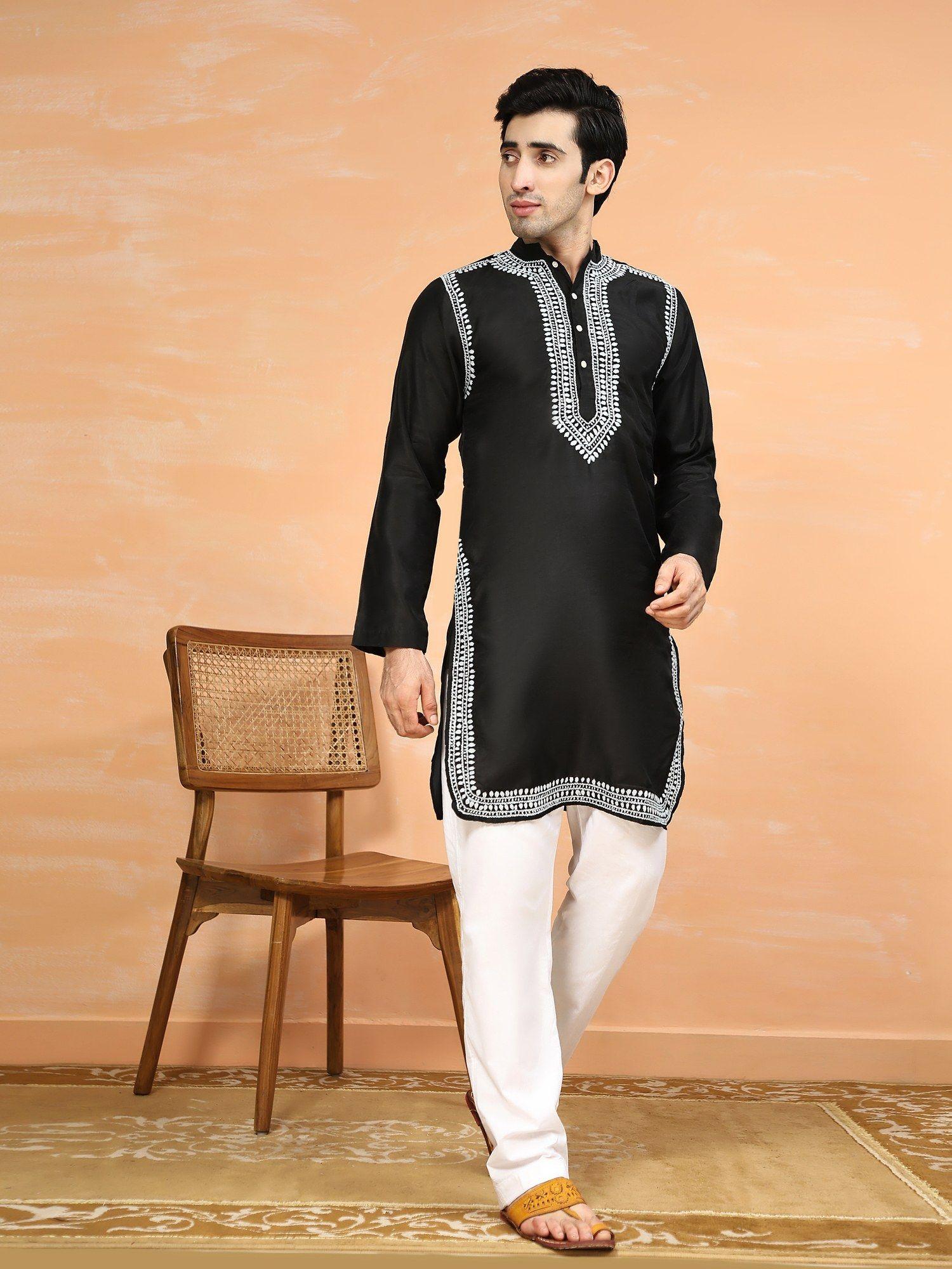 mens chikankari kurta in chanderi silk