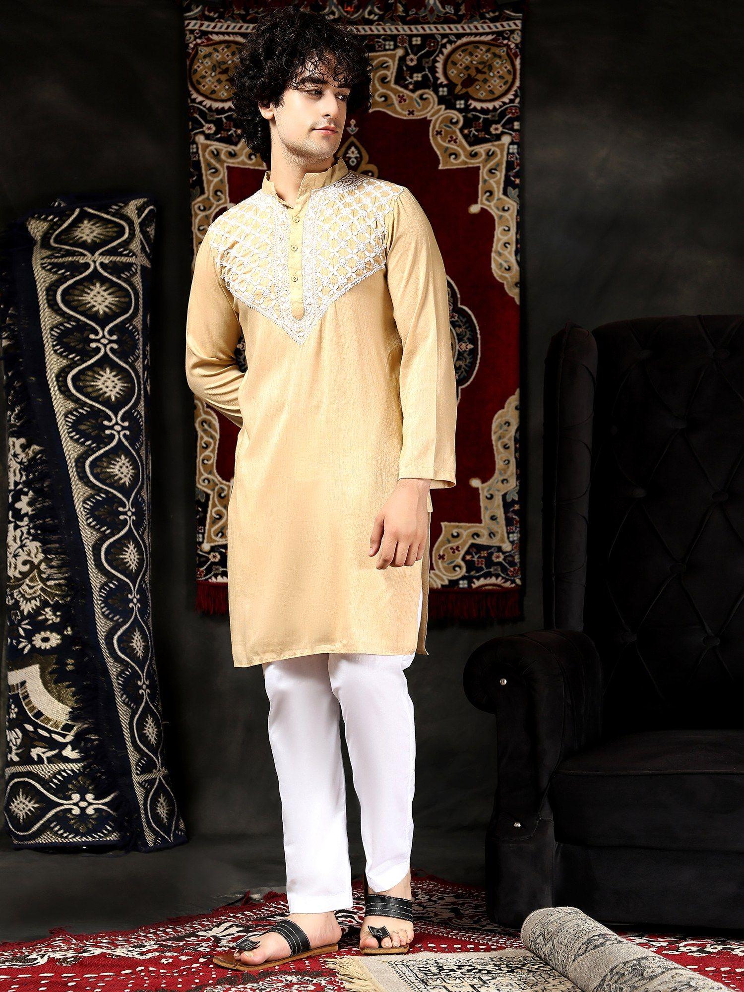 mens chikankari kurta in cotton silk blend