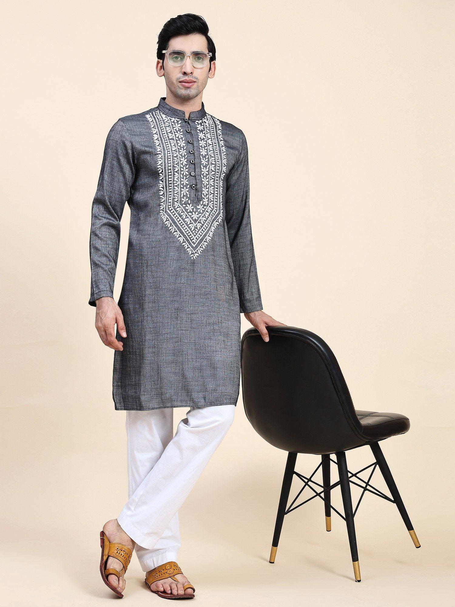 mens chikankari kurta in cotton silk blend