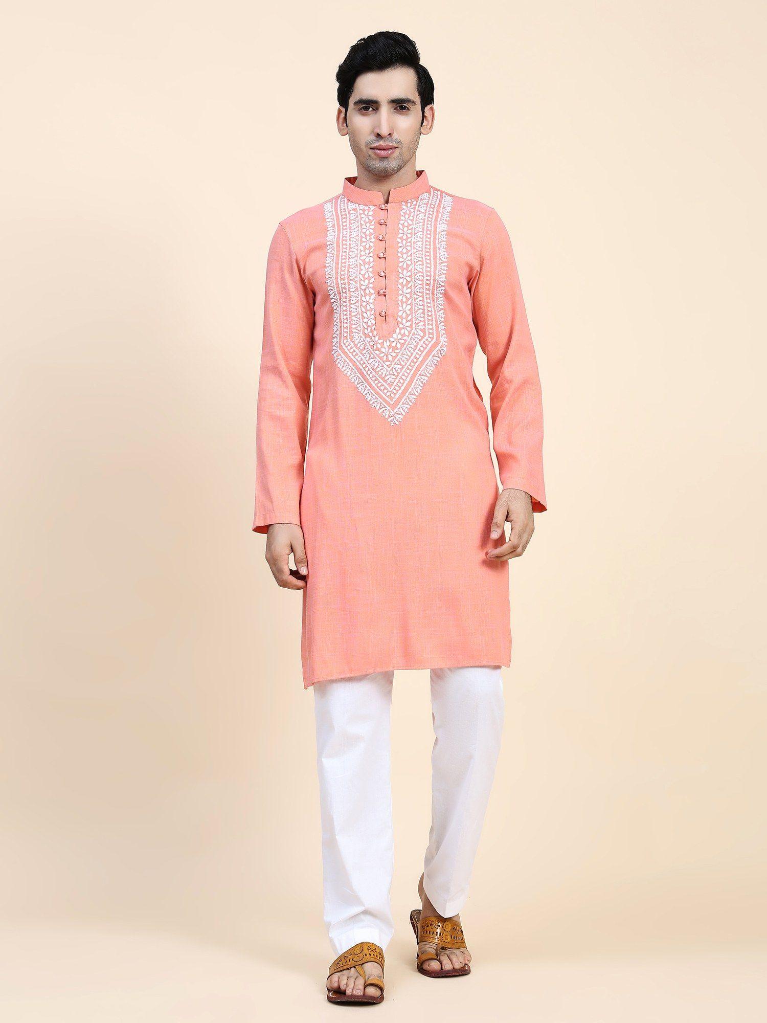 mens chikankari kurta in cotton silk blend