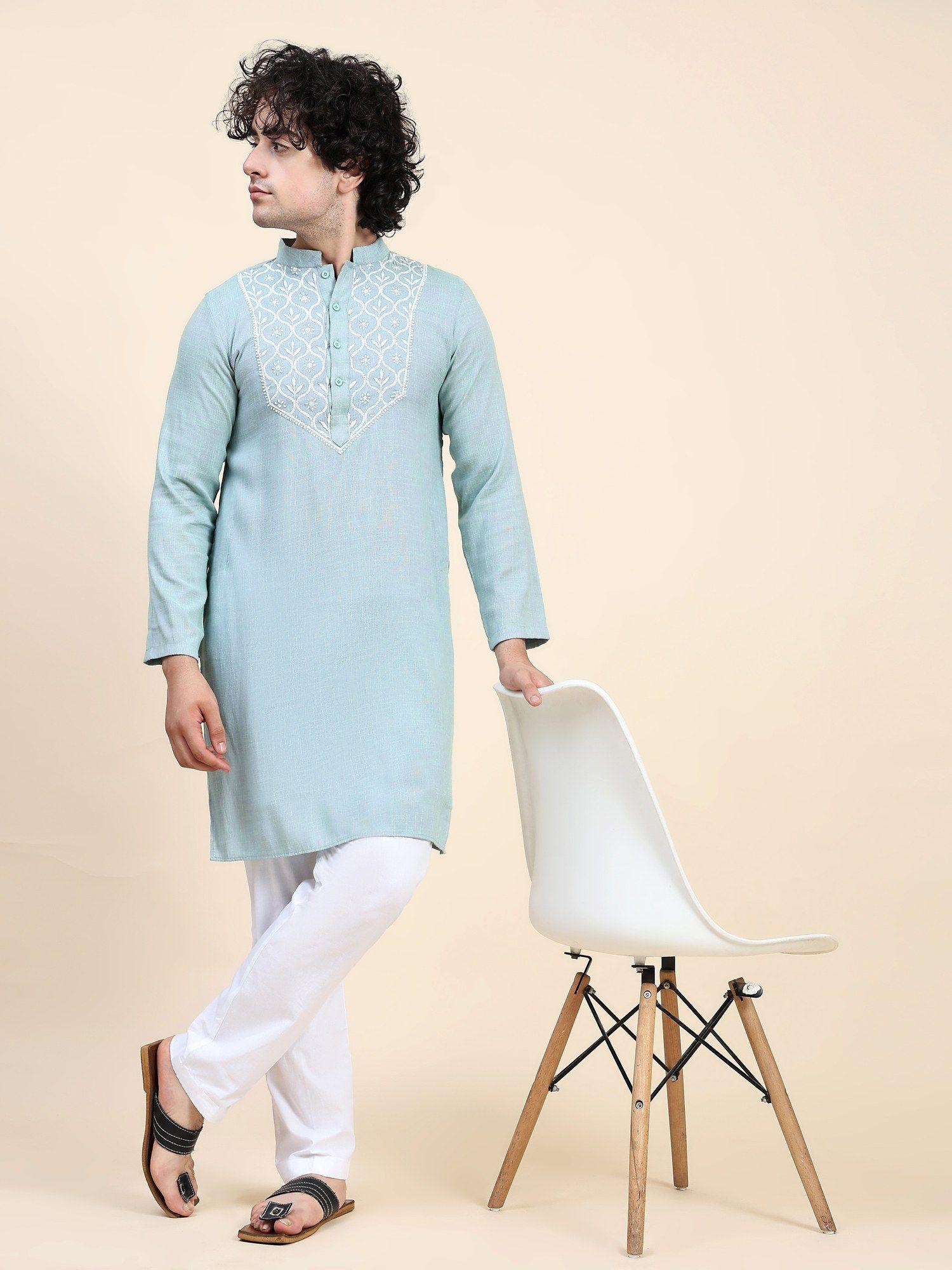 mens chikankari kurta in cotton silk blend