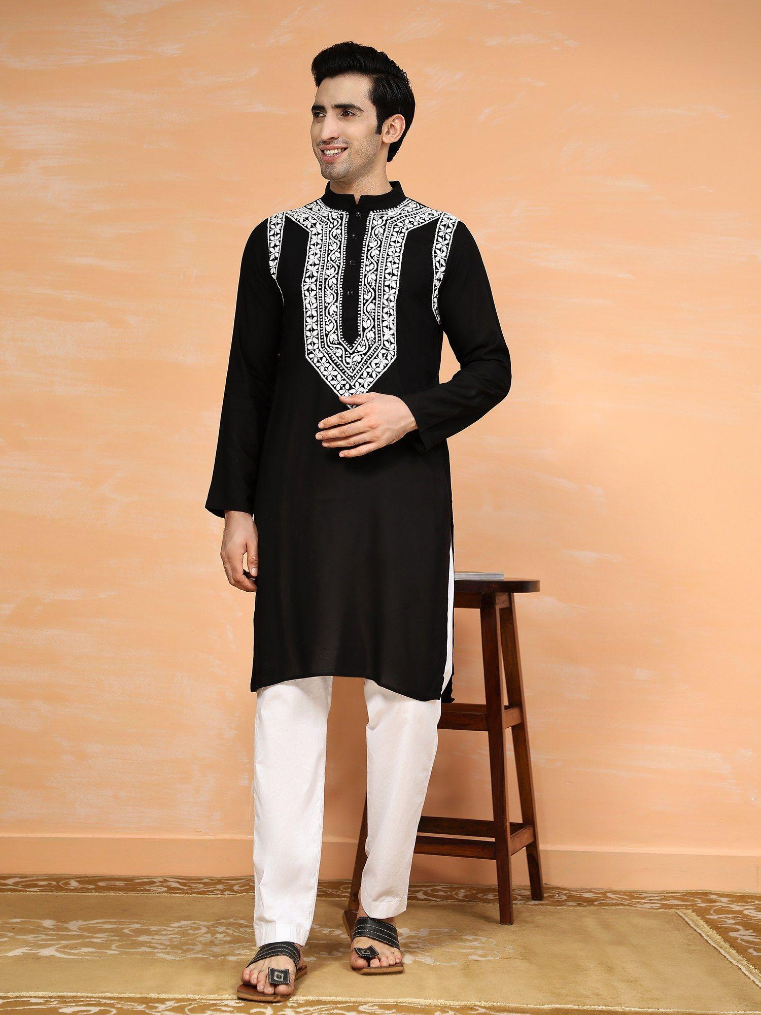 mens chikankari kurta in cotton silk blend