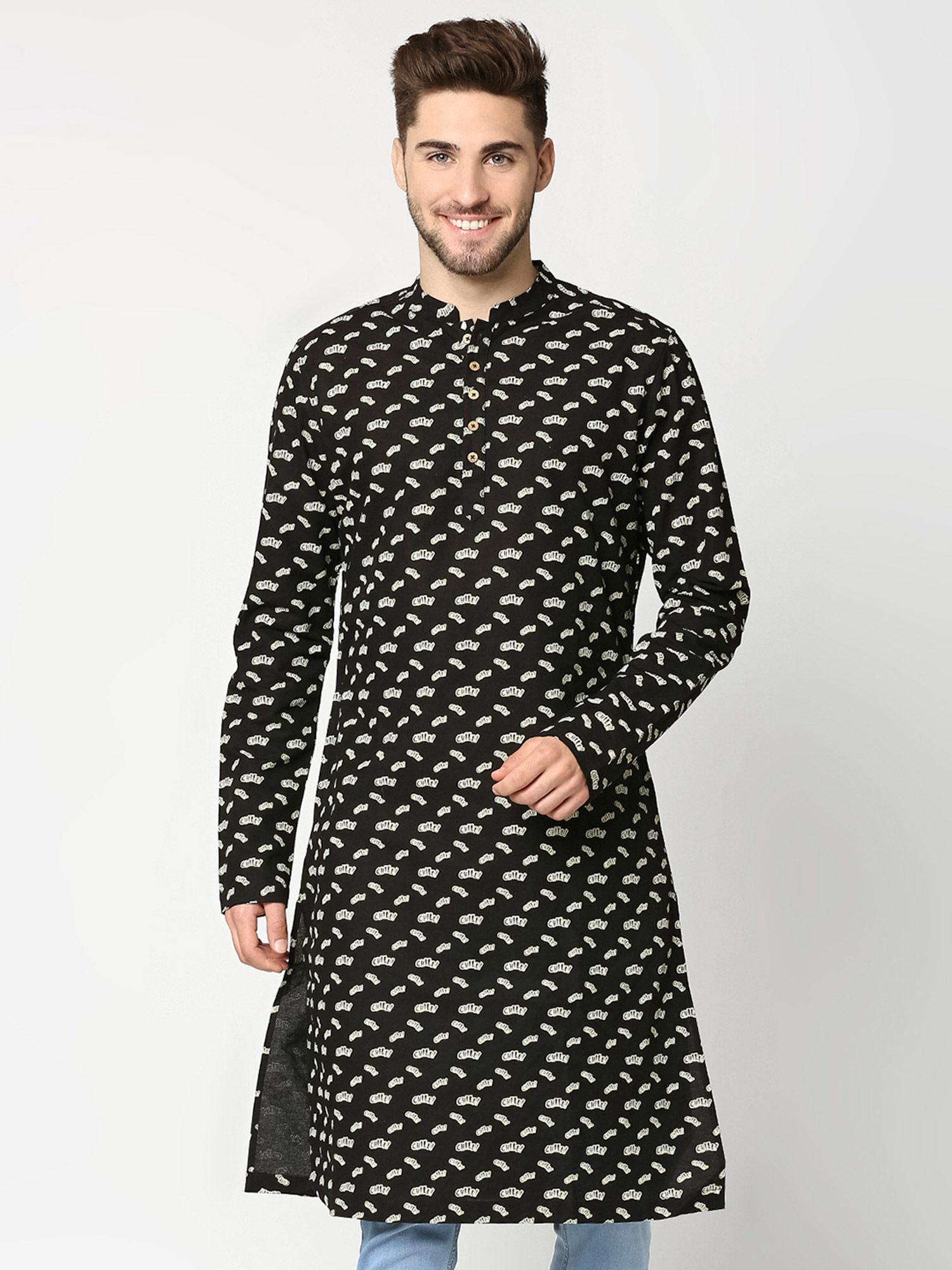 mens chill all over printed black long kurta