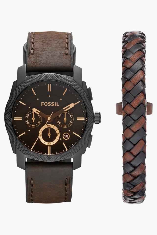 mens chronograph leather watch and bracelet set