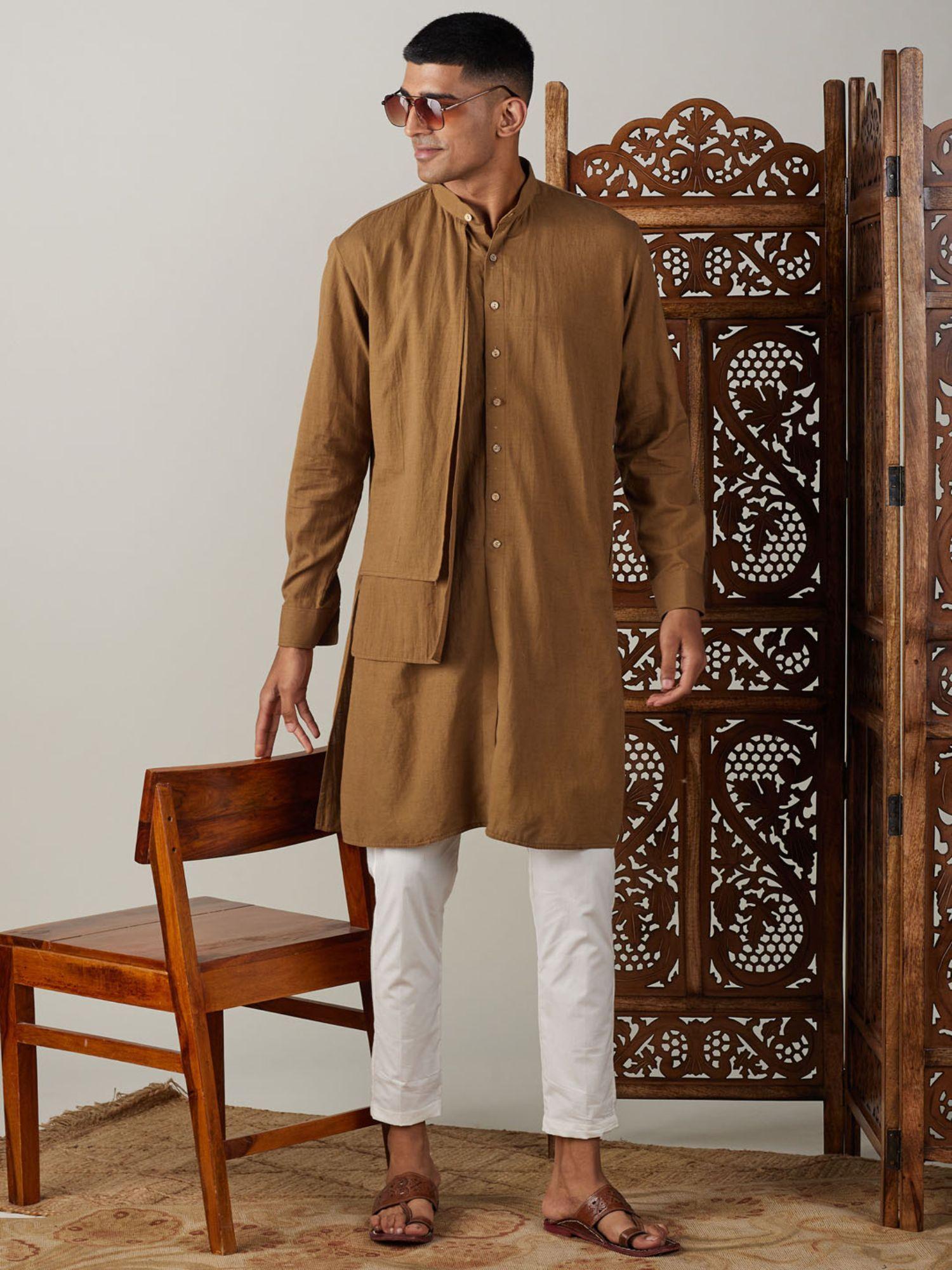 mens coffee with cream cotton kurta and pyjama (set of 2)