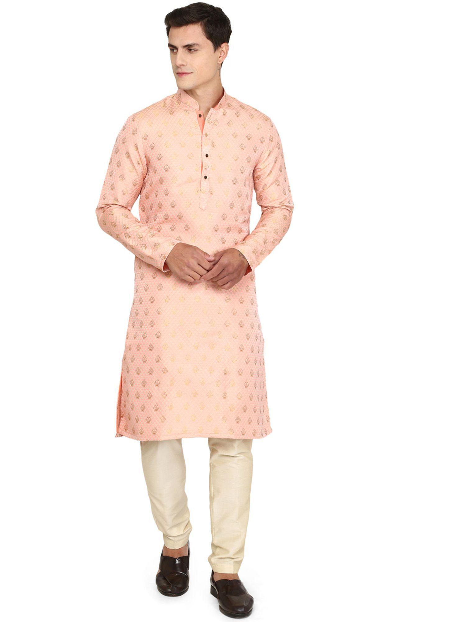 mens coral pink silk blend kurta