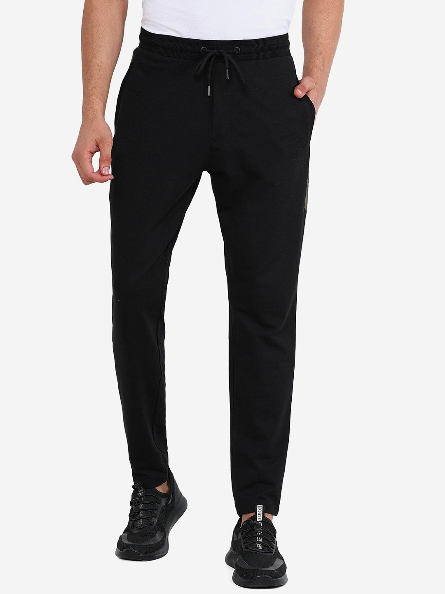 mens cotton blend black solid slim fit track pant