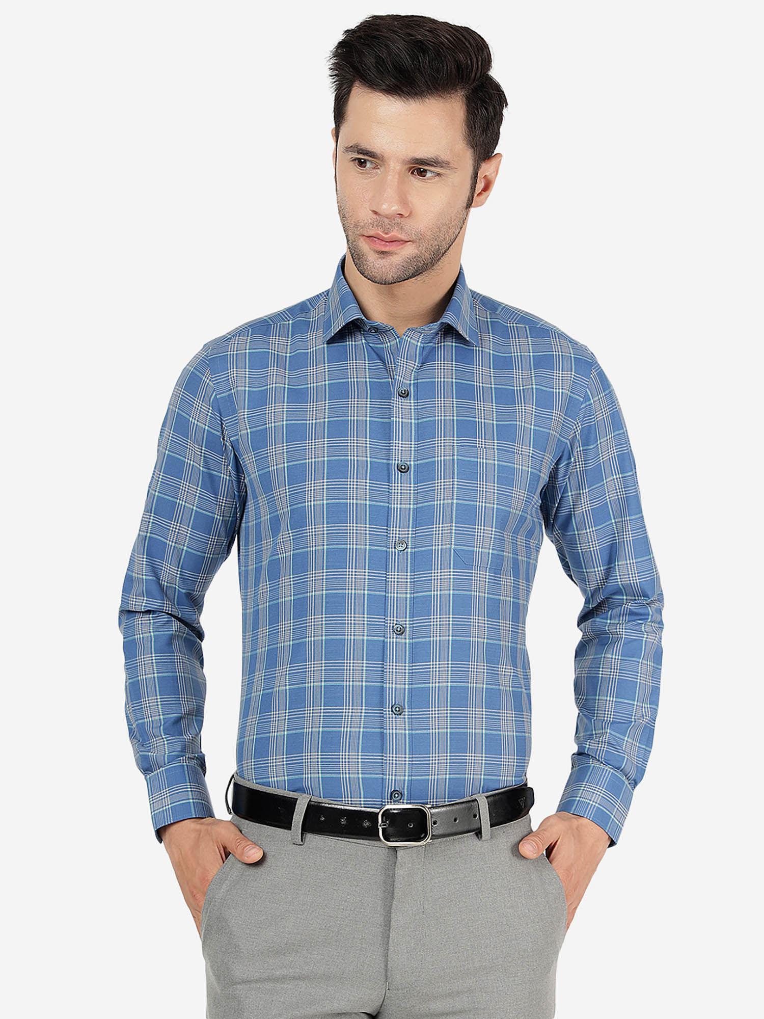 mens cotton blend checked blue & beige slim fit full sleeve formal shirt