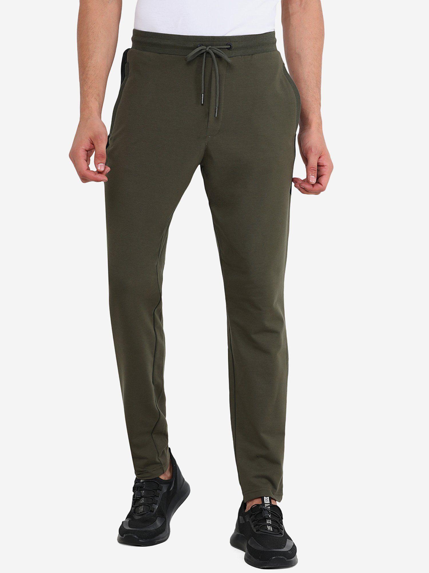 mens cotton blend green solid slim fit track pant