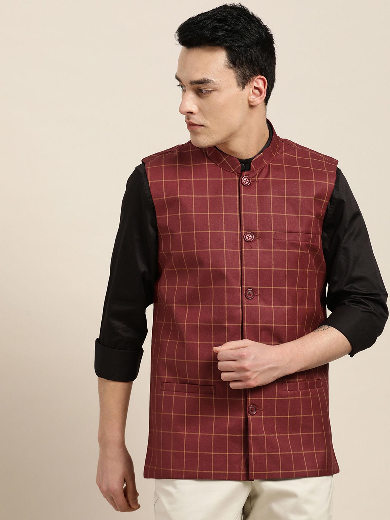 mens cotton blend maroon & mustard checked nehru jacket