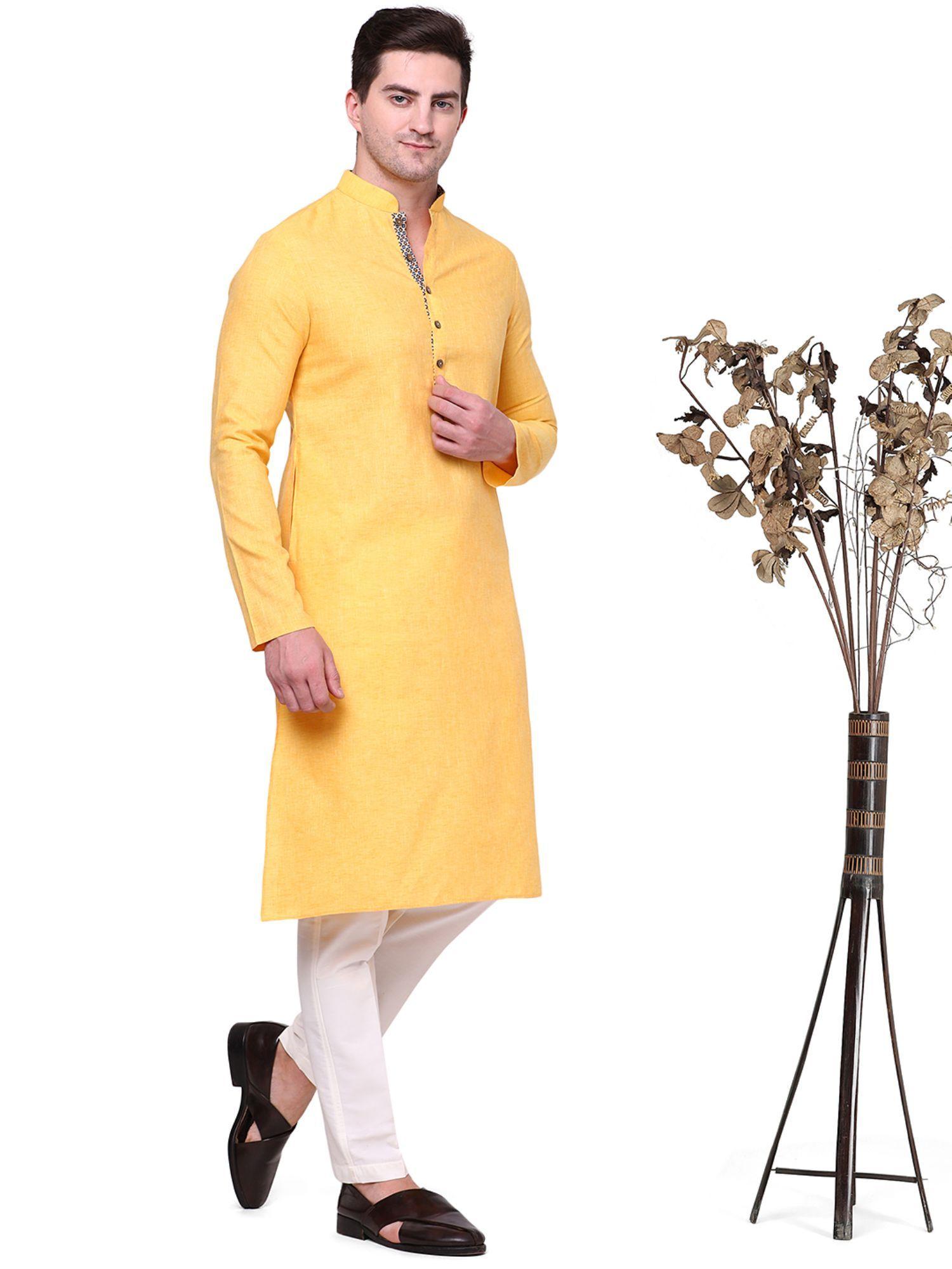 mens cotton blend yellow solid kurta