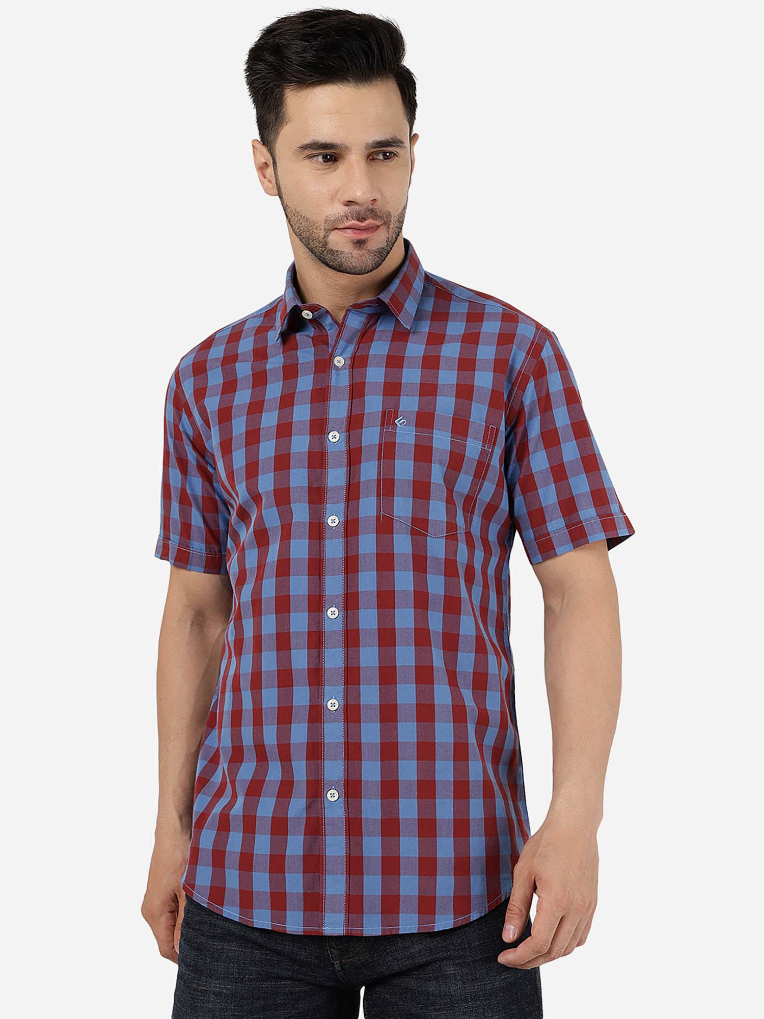 mens cotton checked bonnie blue regular fit half sleeve semi casual shirt