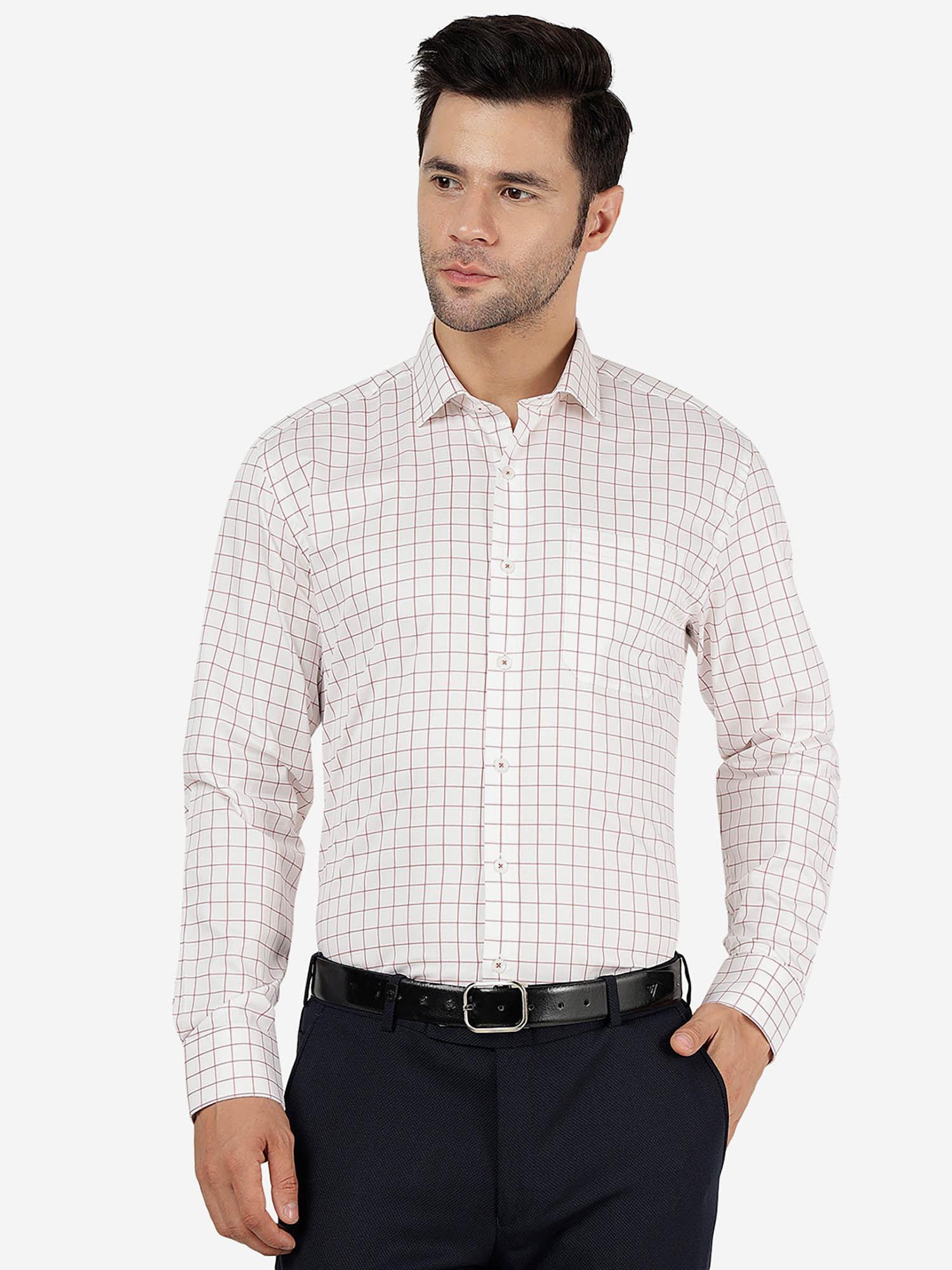 mens cotton checked white & brown regular fit full sleeve formal shirt