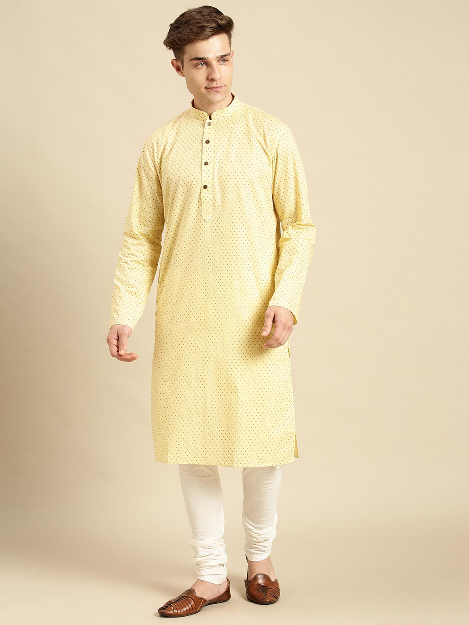 mens cotton floral printed yellow color kurta with churidar (set of 2)