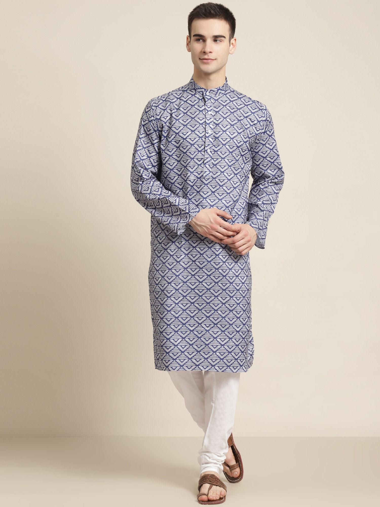 mens cotton grey printed kurta & white churidar pyjama (set of 2)