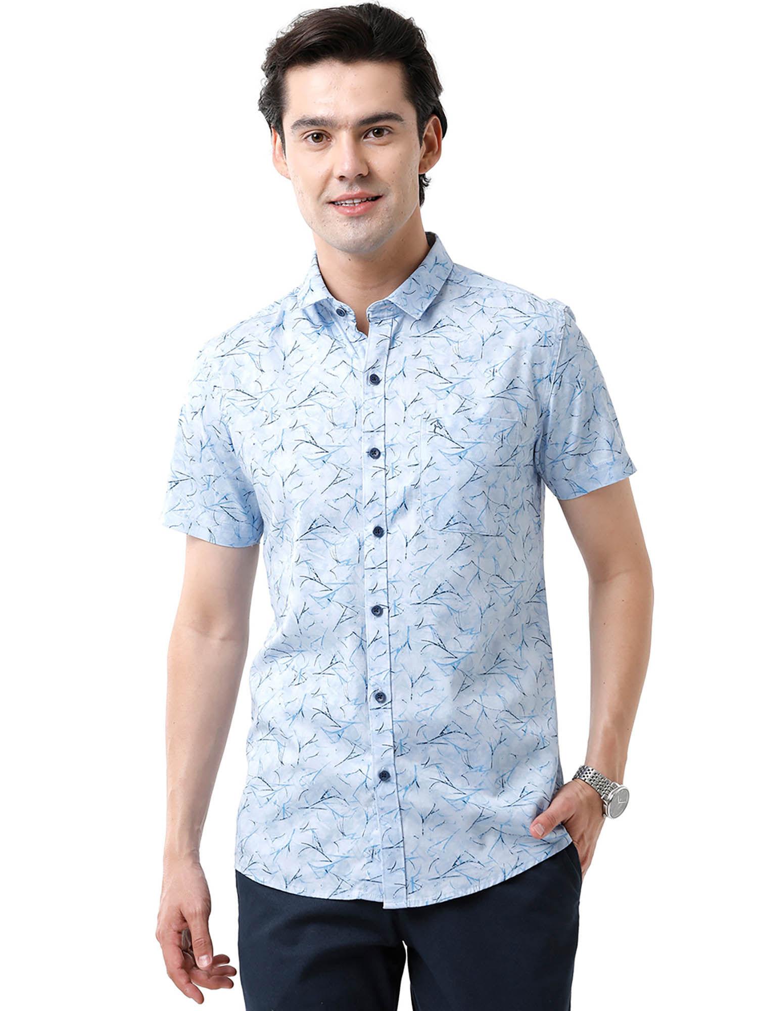 mens cotton half sleeve printed slim fit collar neck sky blue woven shirt