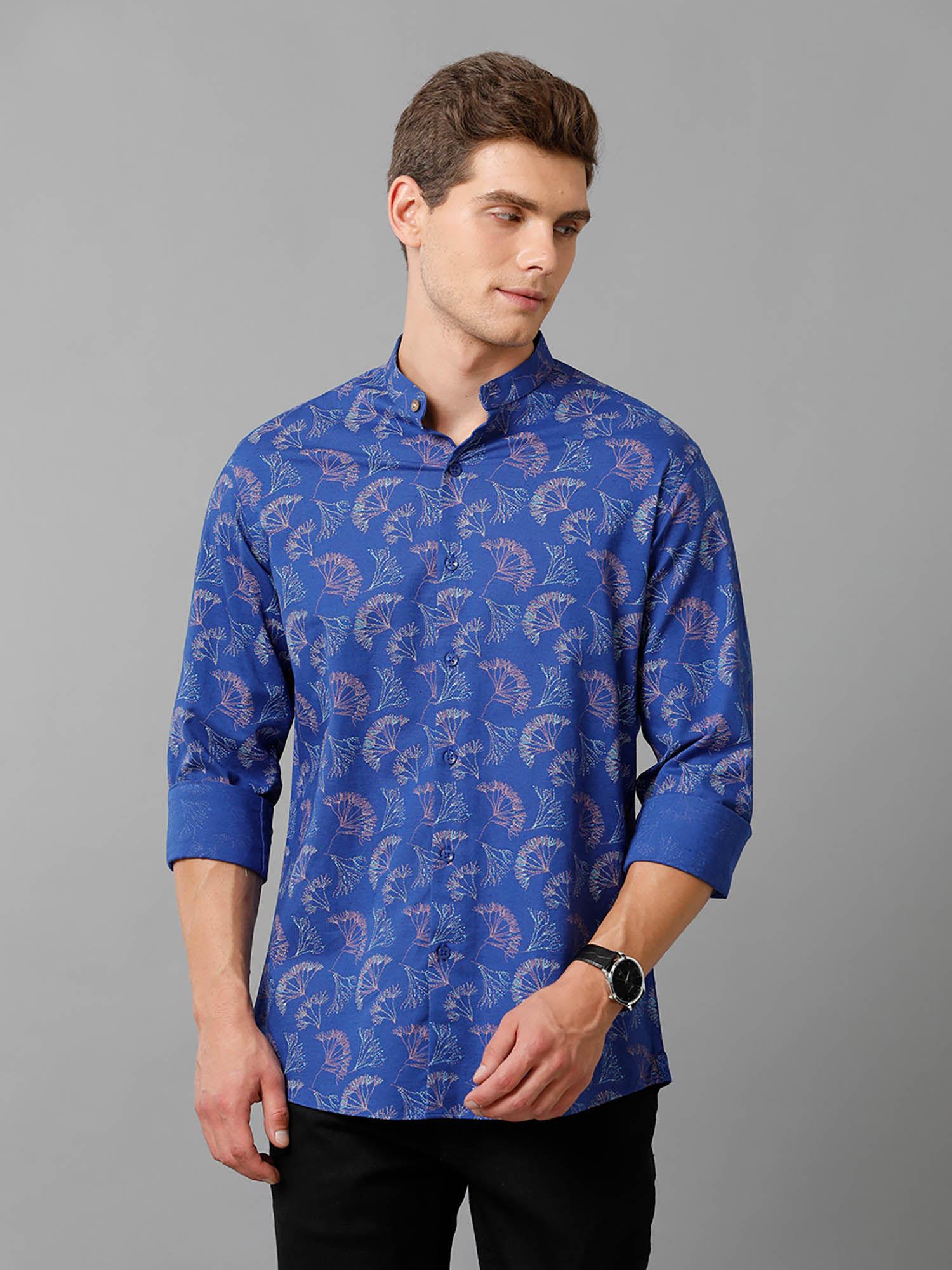 mens cotton linen blue printed full sleeve casual shirt