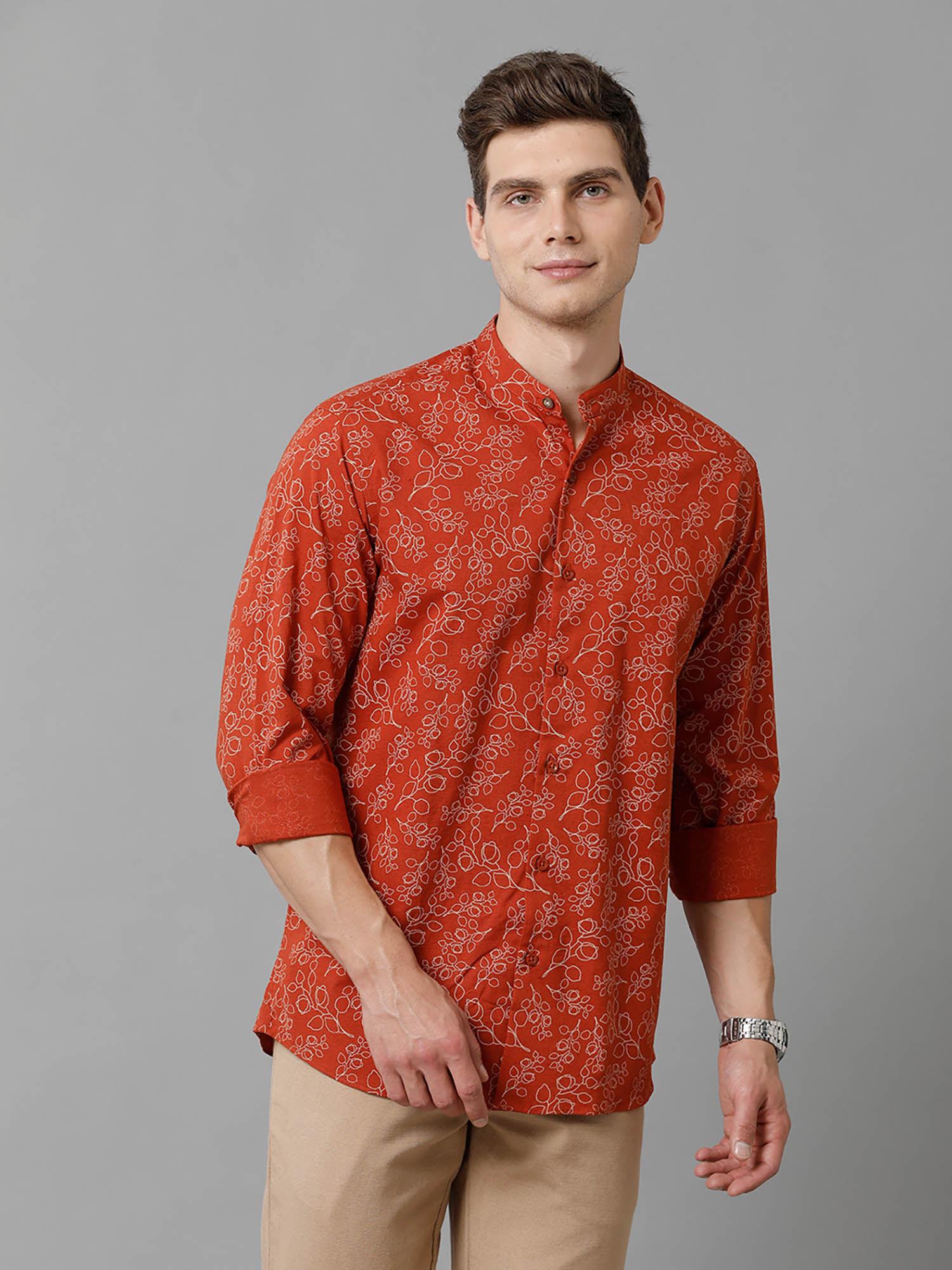 mens cotton linen orange printed full sleeve casual shirt