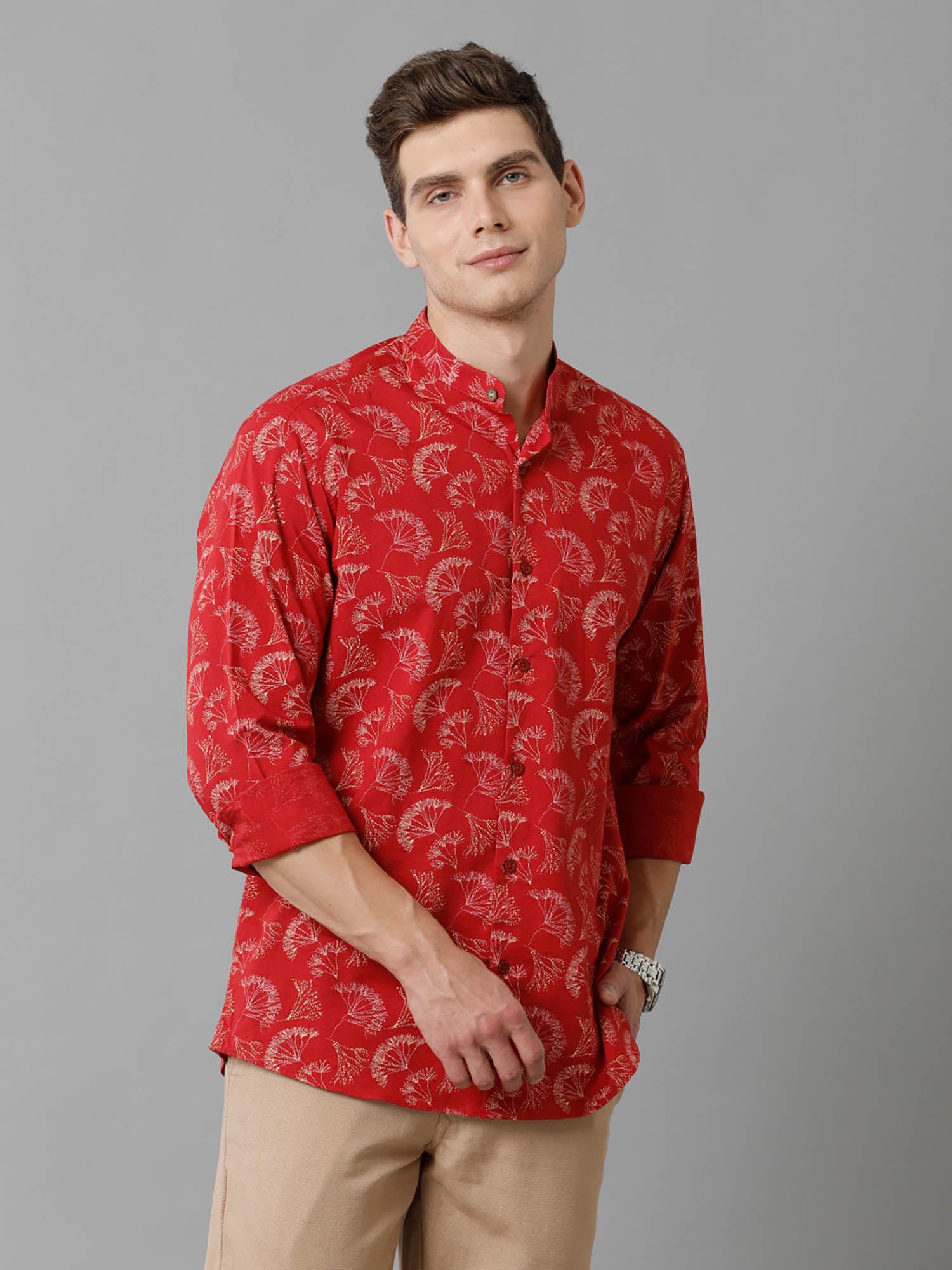 mens cotton linen red printed full sleeve casual shirt