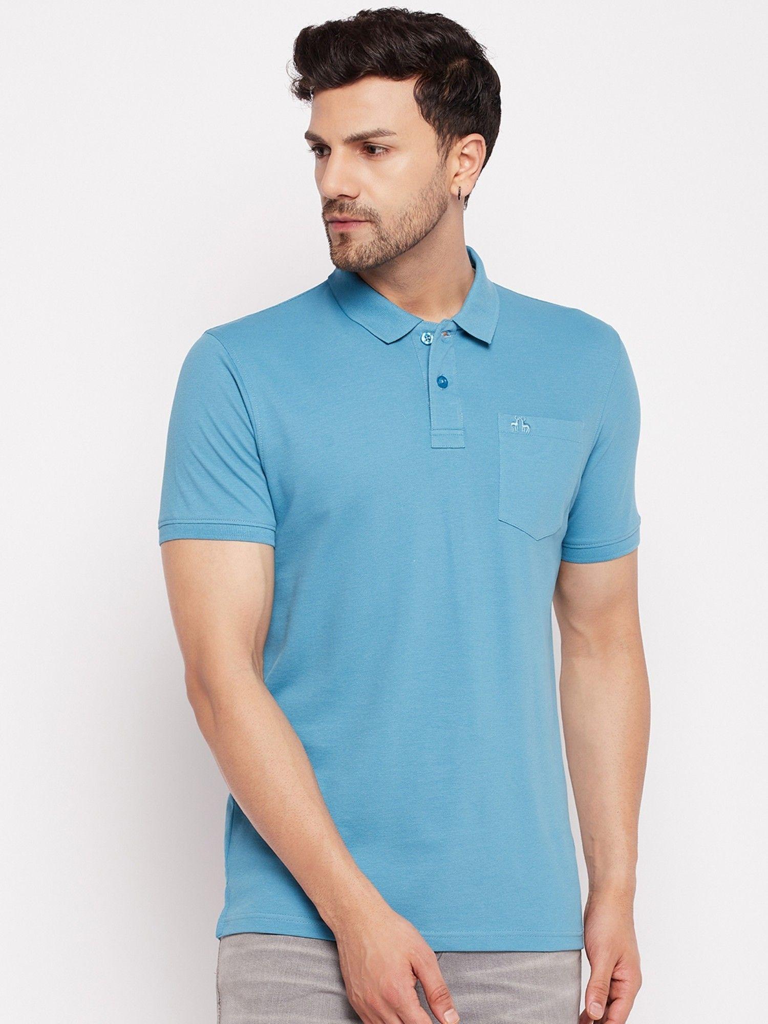 mens cotton lycra blue polo neck t-shirt