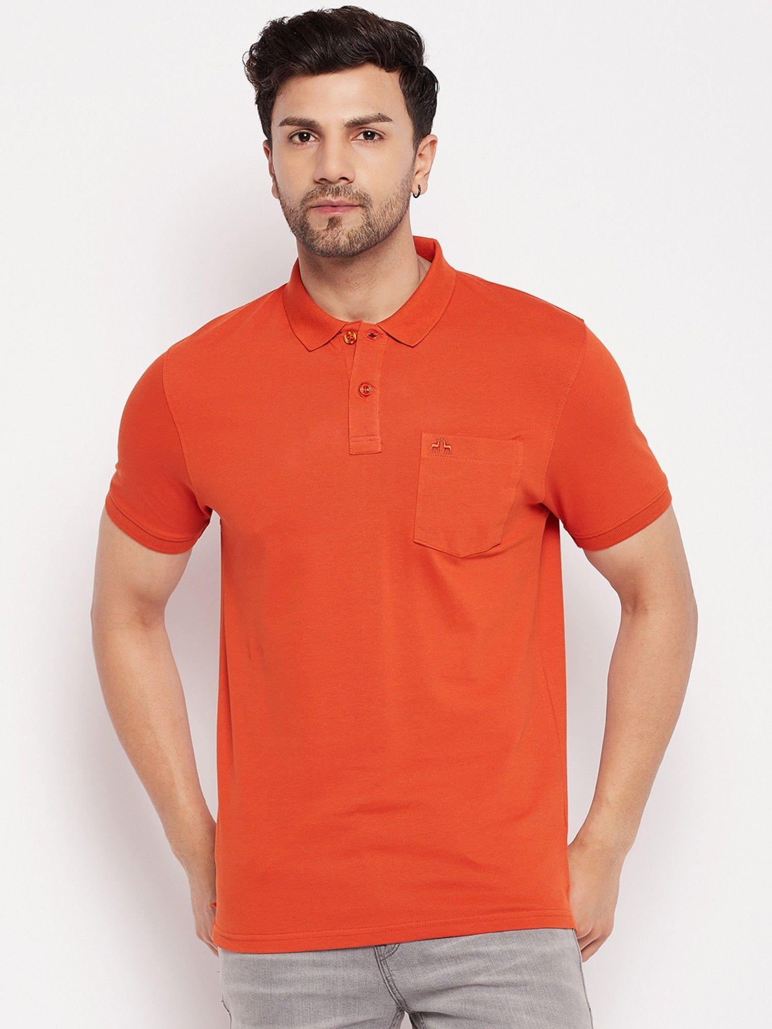 mens cotton lycra orange polo neck t-shirt