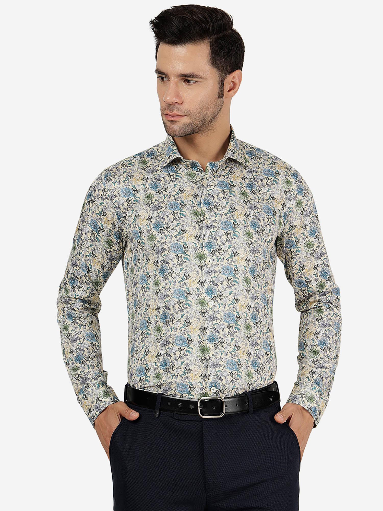 mens cotton printed cream slim fit full sleeve party wear shirt