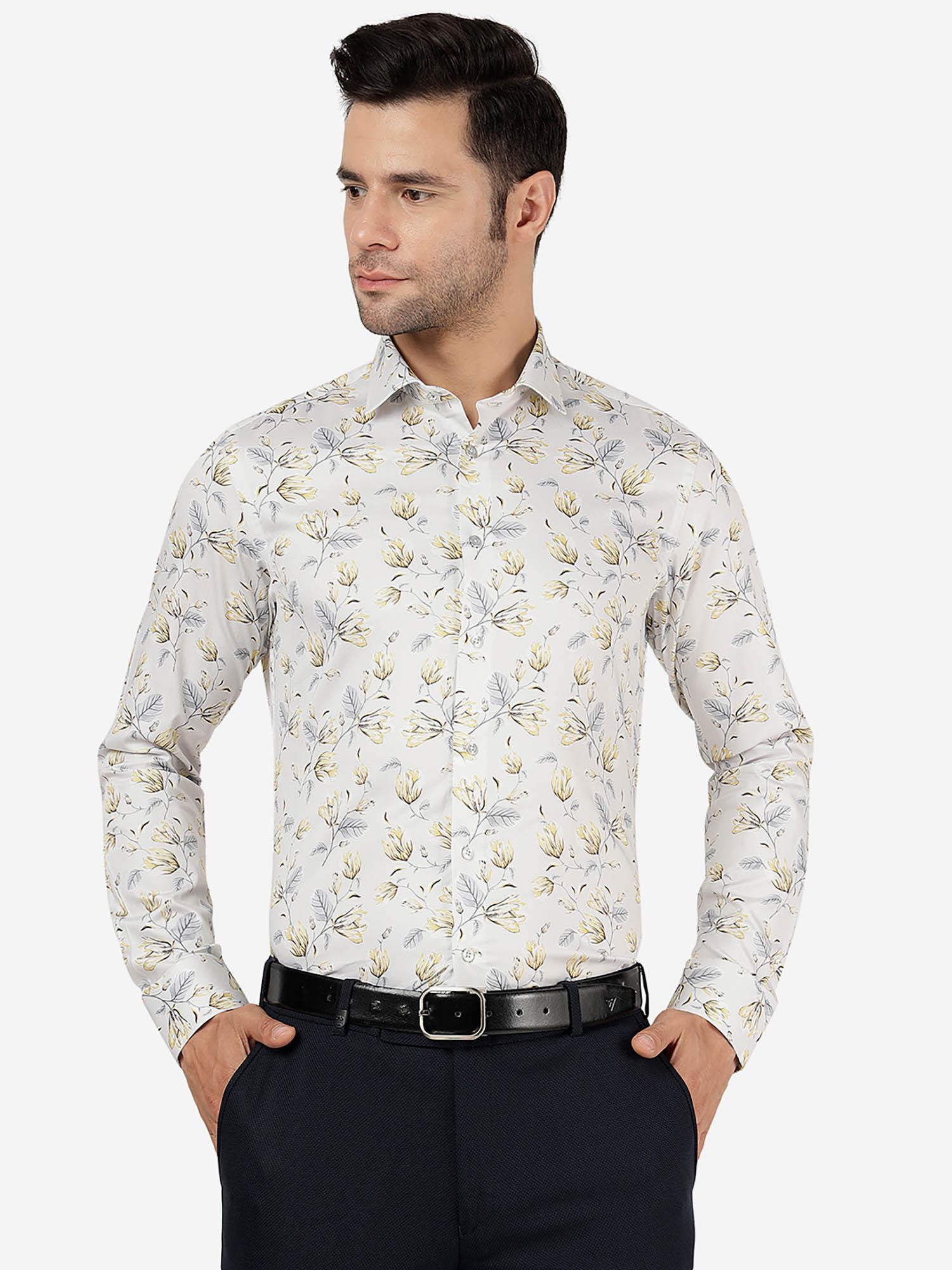 mens cotton printed lemon grey slim fit full sleeve party wear shirt