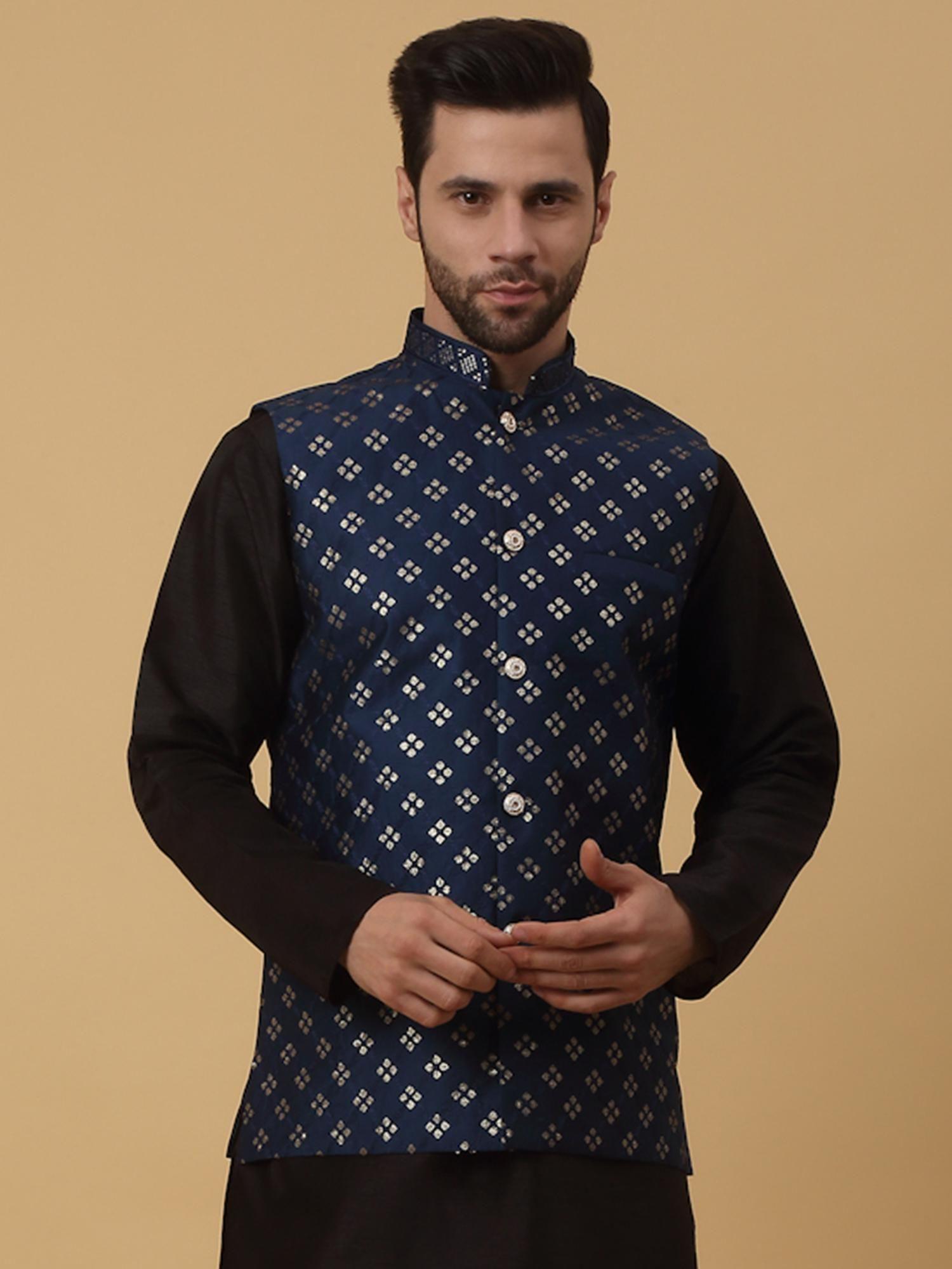 mens cotton silk sequenced embroidered floral blue nehru jacket