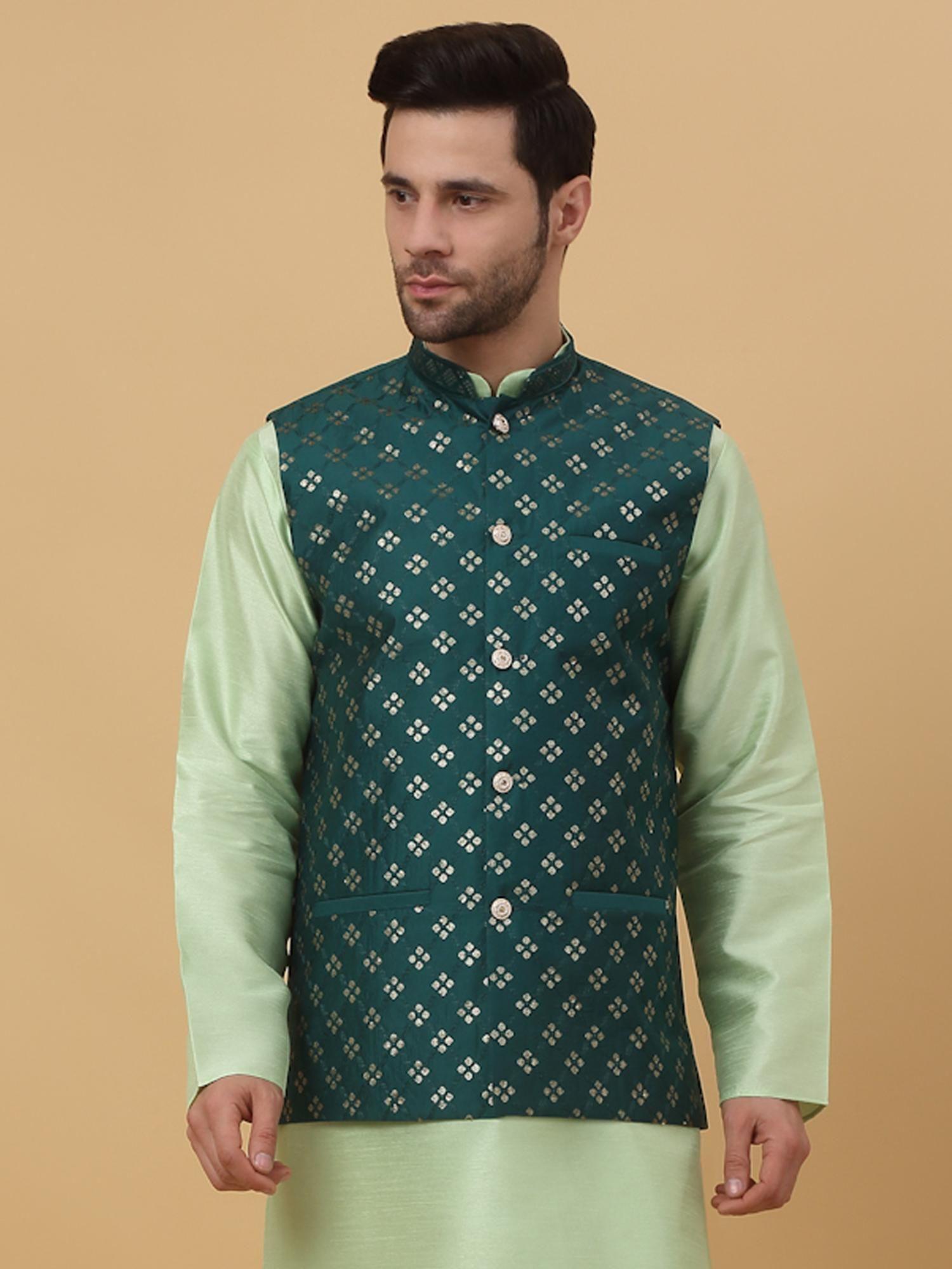 mens cotton silk sequenced embroidered floral green nehru jacket