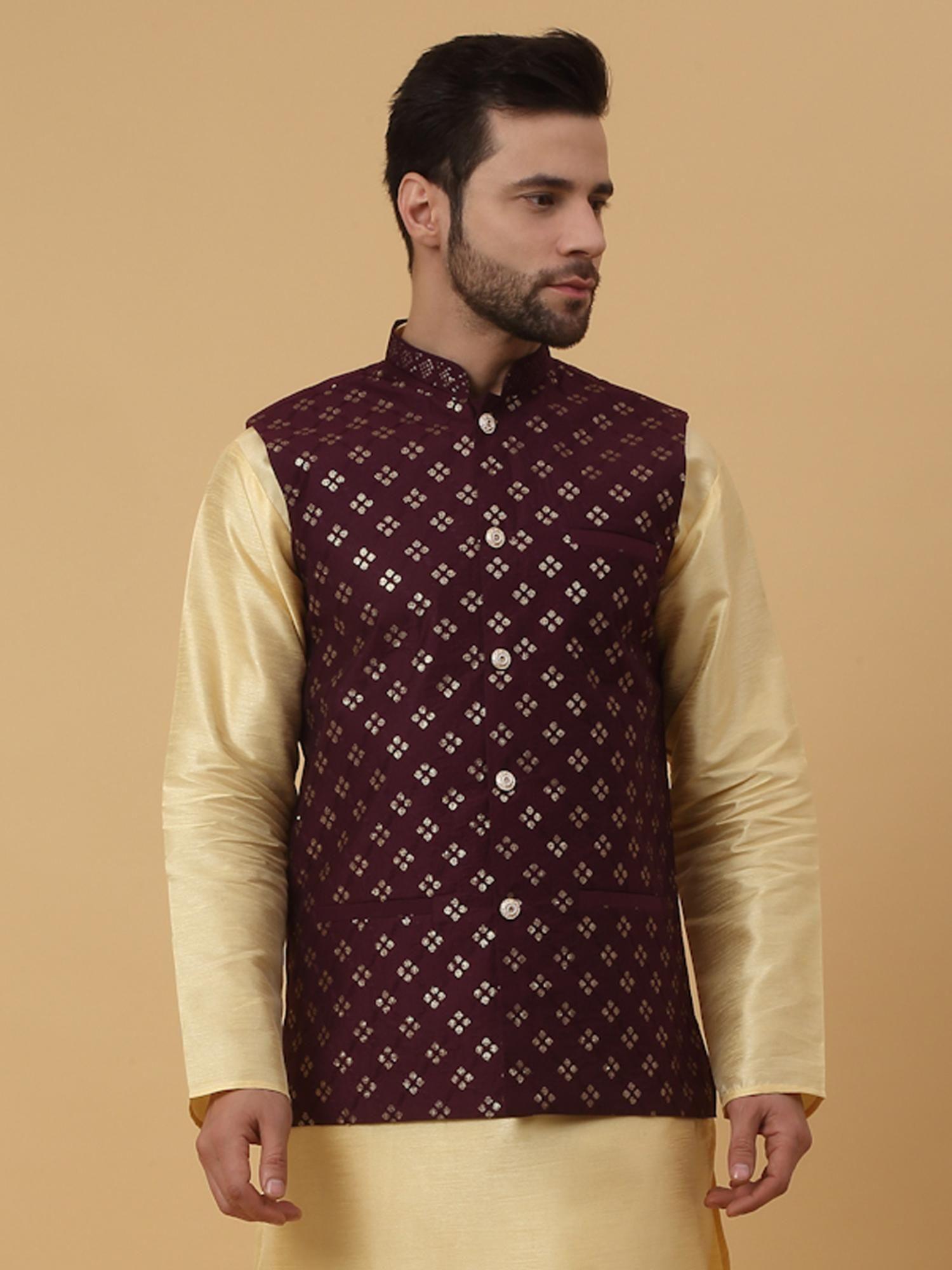 mens cotton silk sequenced embroidered floral wine nehru jacket