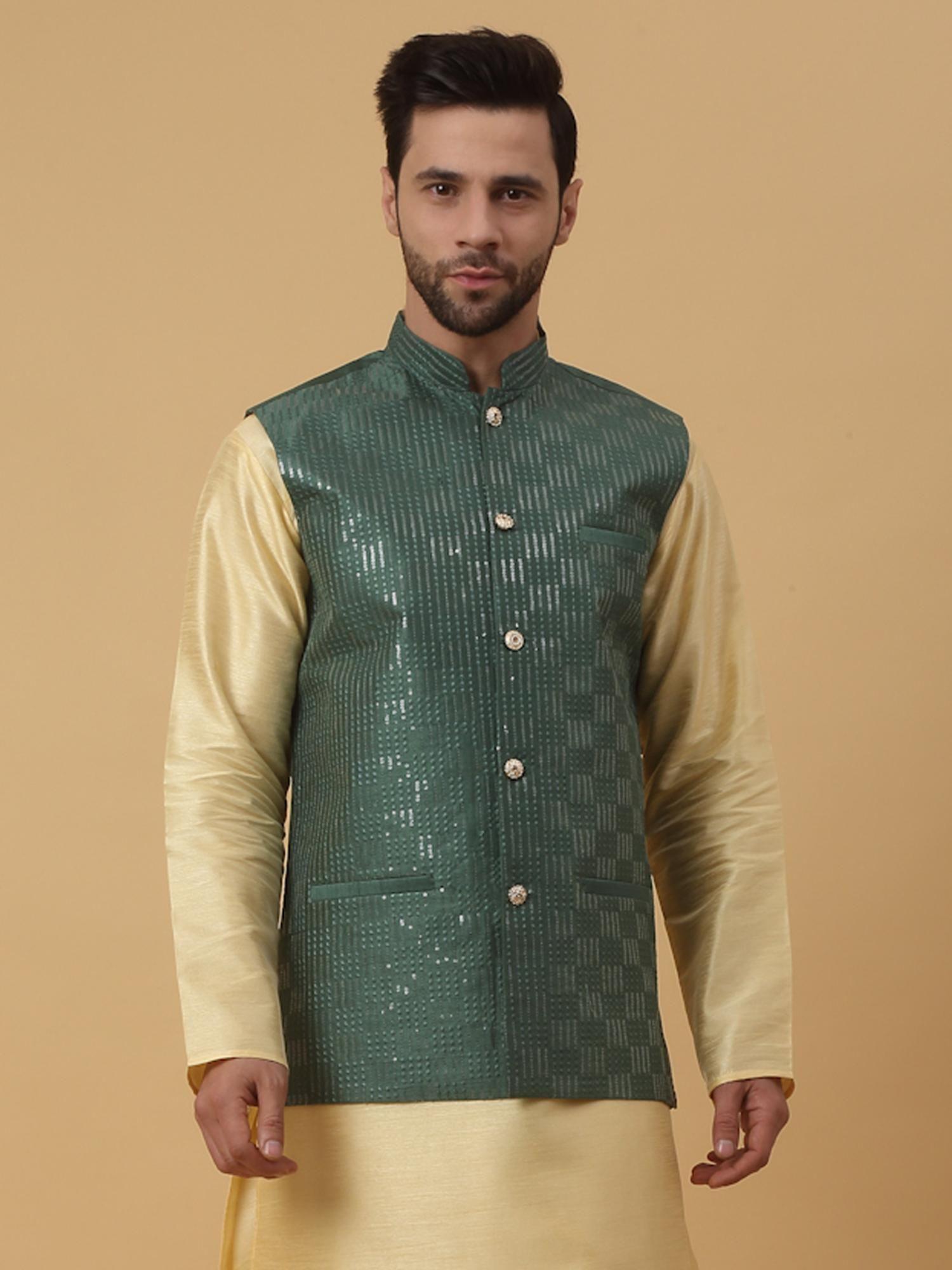 mens cotton silk sequenced embroidered green nehru jacket