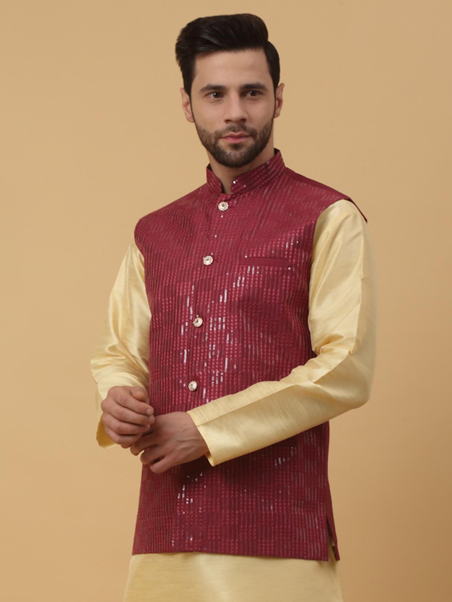 mens cotton silk sequenced embroidered wine nehru jacket