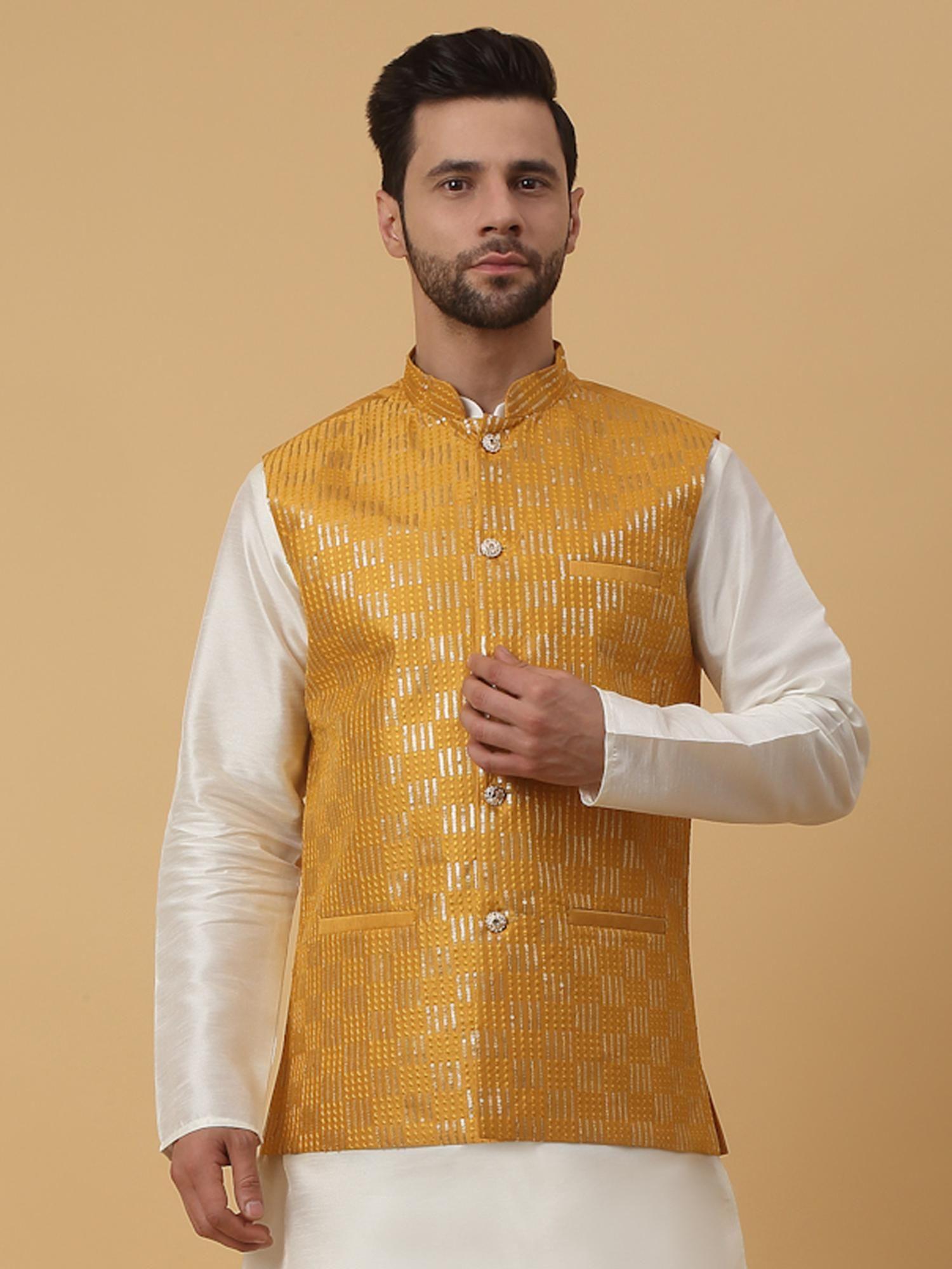 mens cotton silk sequenced embroidered yellow nehru jacket