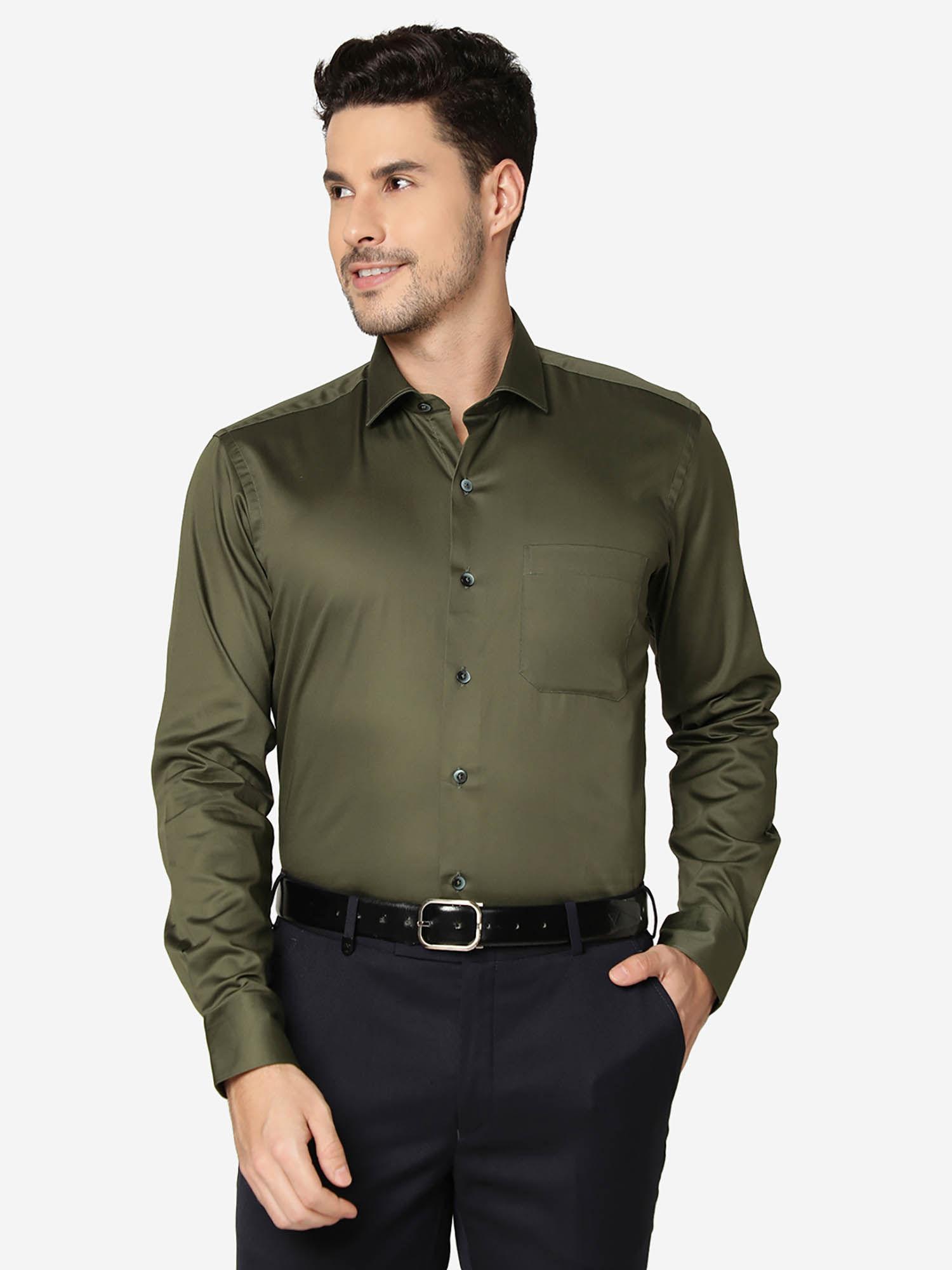 mens cotton solid olive green slim fit full sleeve formal shirt