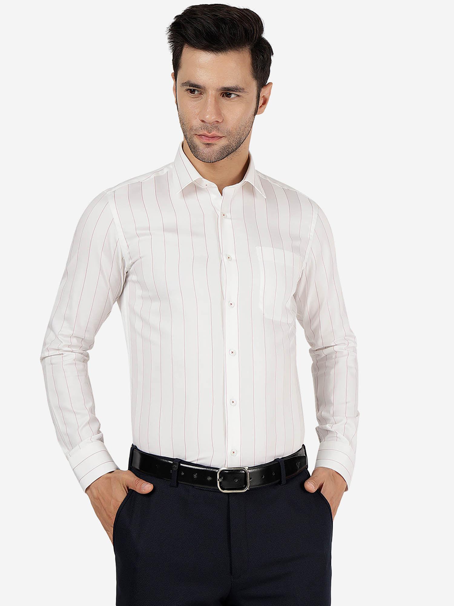 mens cotton striped white slim fit full sleeve formal shirt